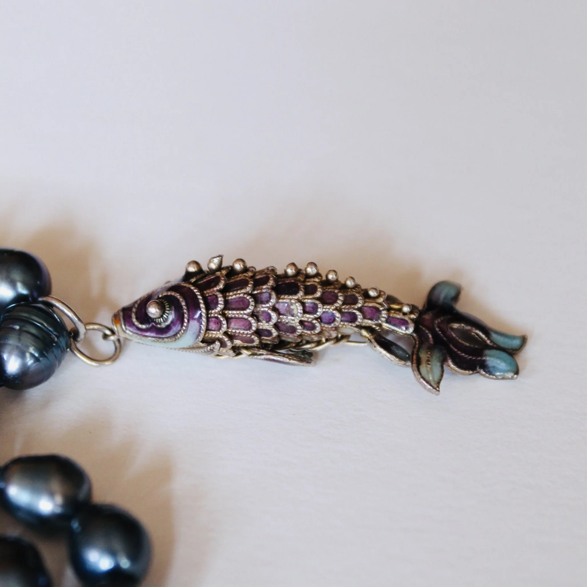Black Baroque Pearl Necklace with Silver and Enamel Koi Pendant