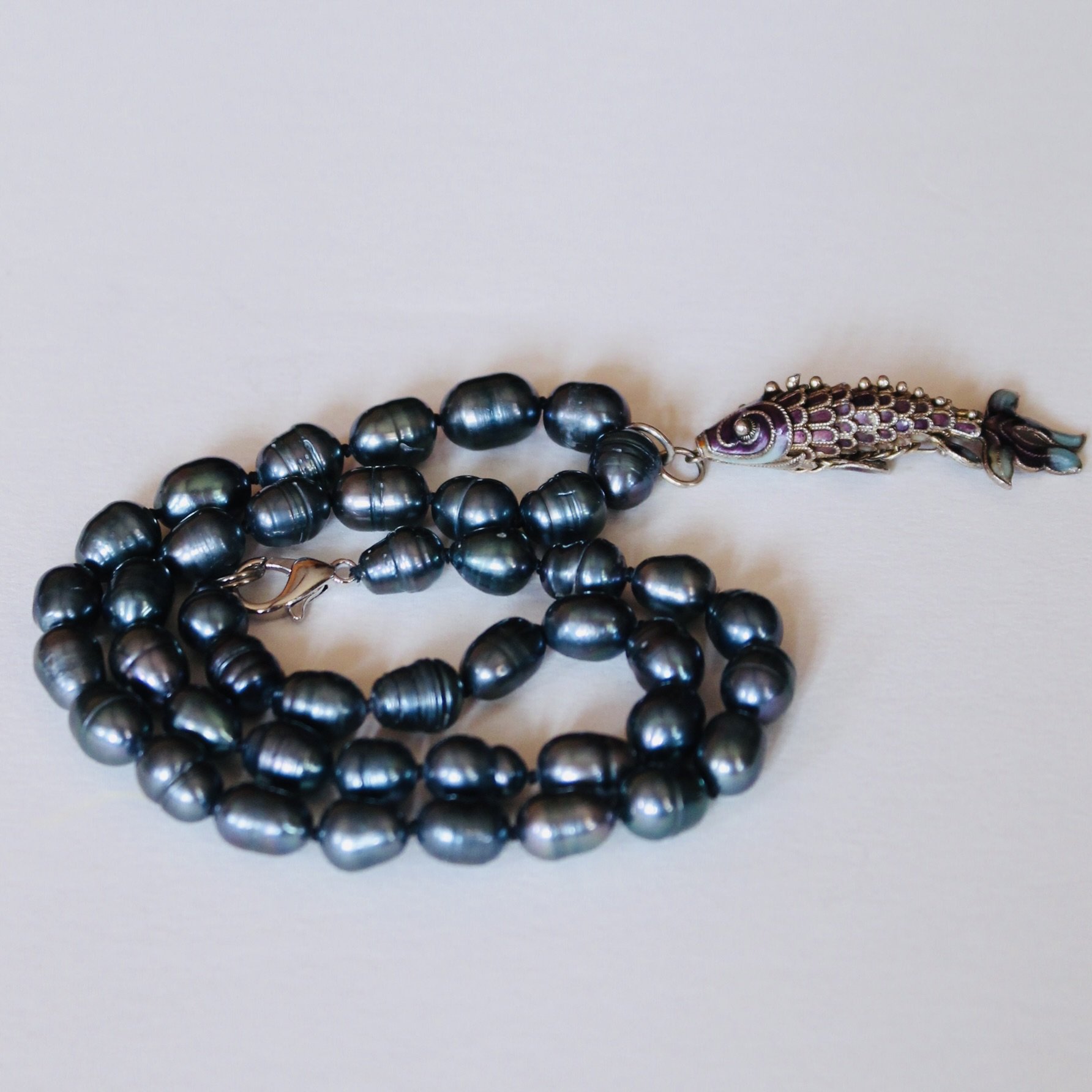 Black Baroque Pearl Necklace with Silver and Enamel Koi Pendant