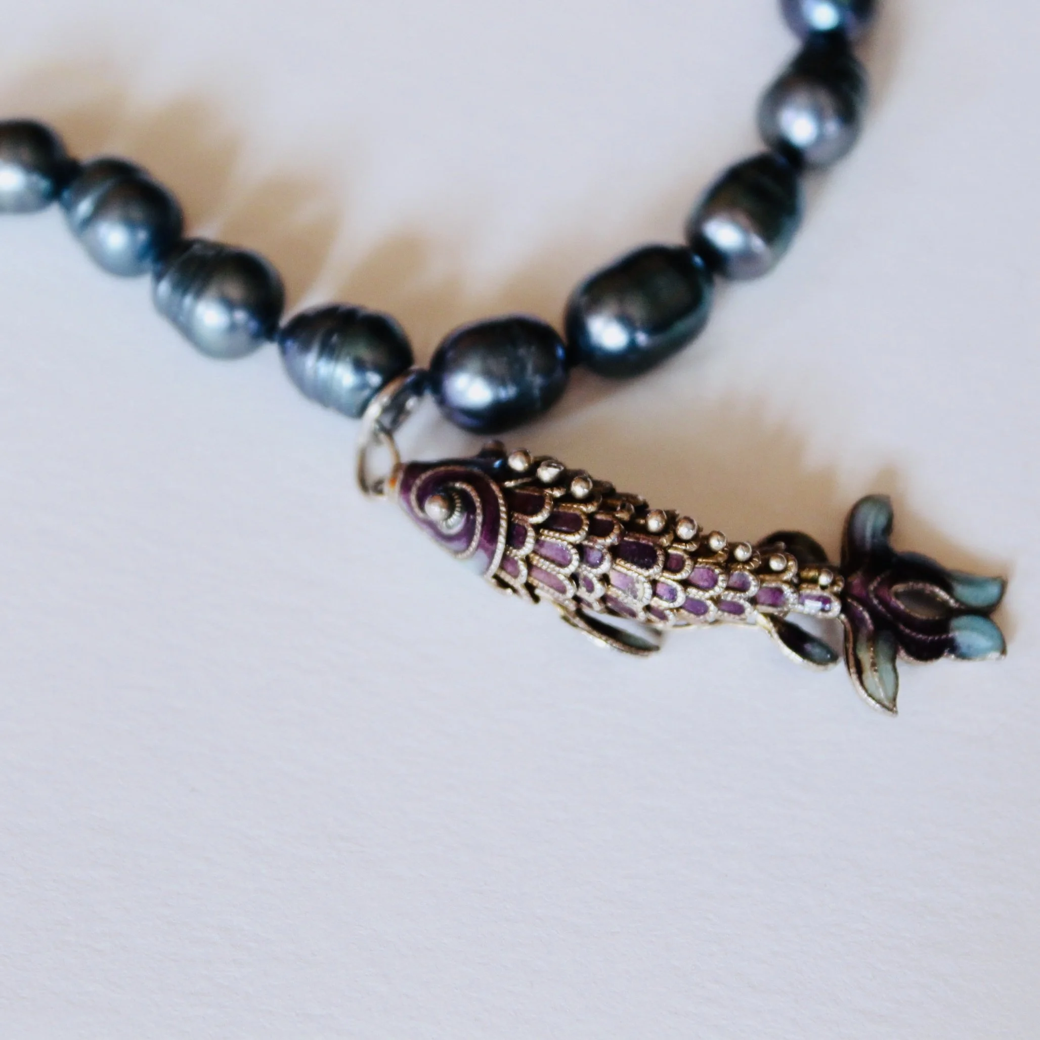 Black Baroque Pearl Necklace with Silver and Enamel Koi Pendant