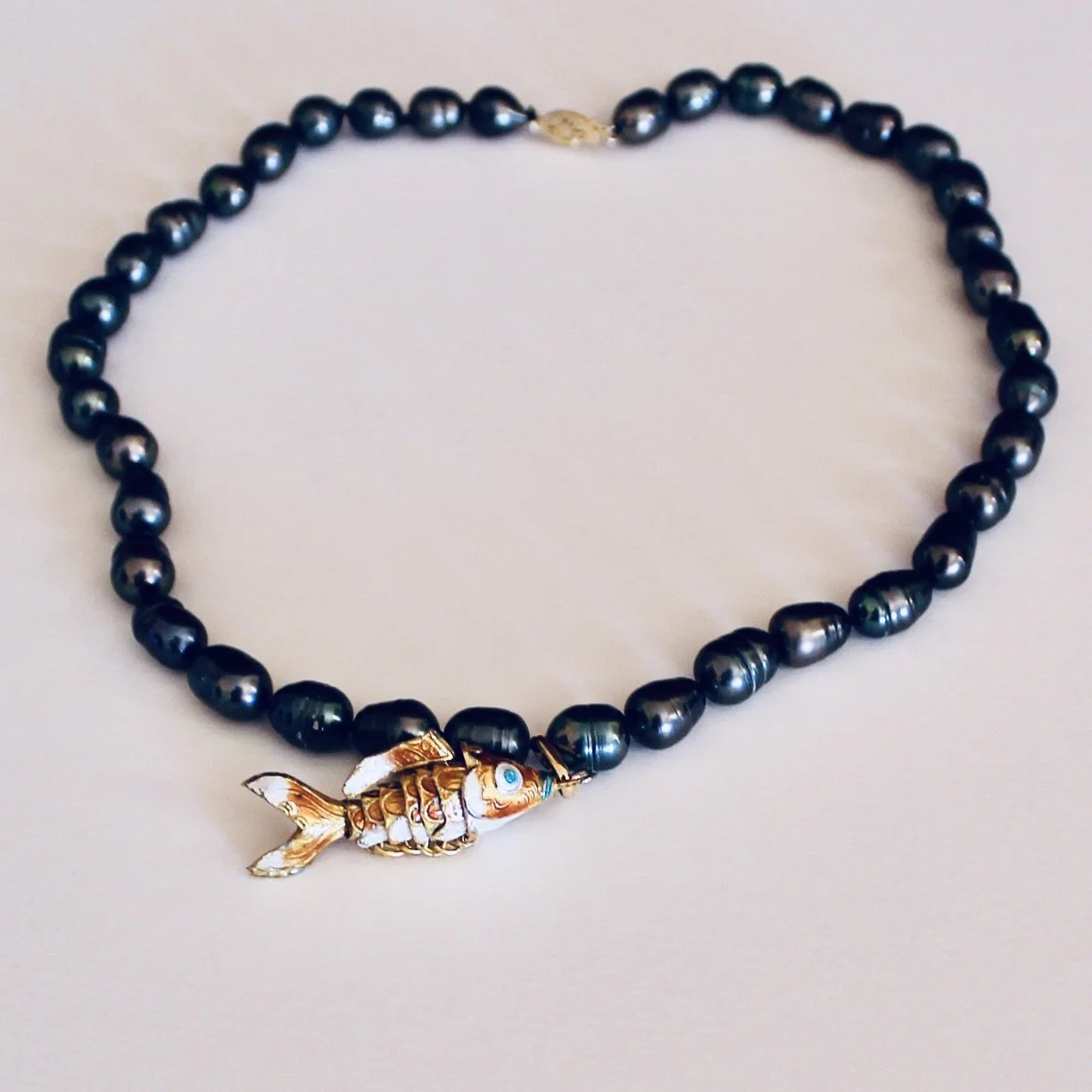 Black Baroque Pearl Necklace with Gilt and Enamel Koi Pendant