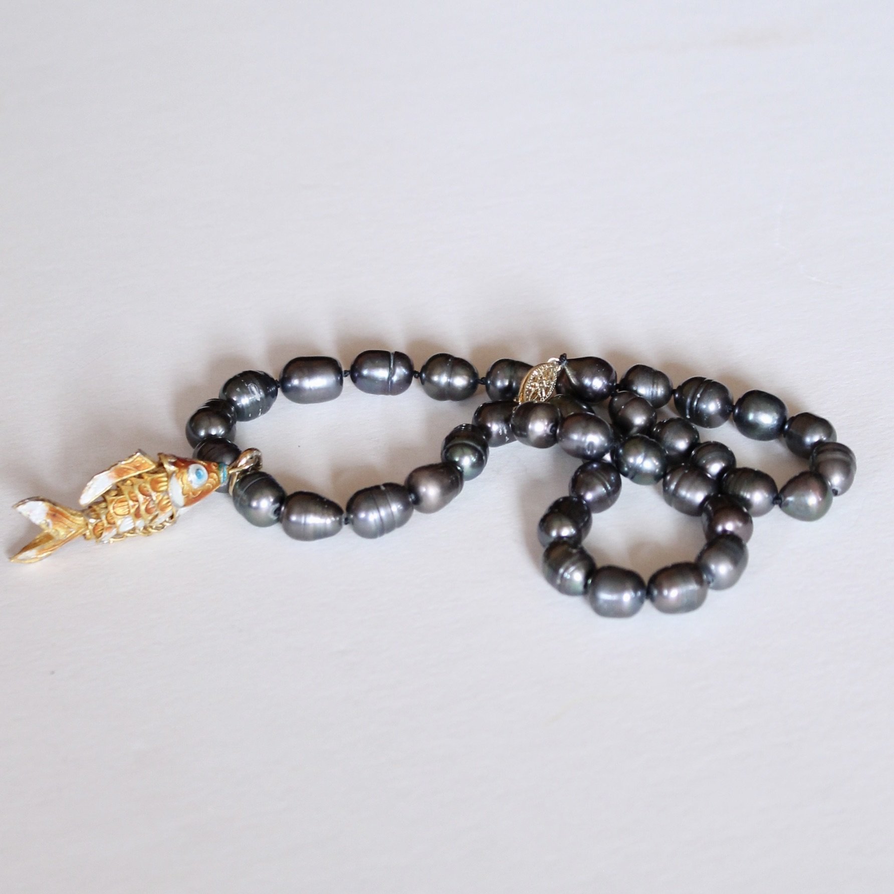 Black Baroque Pearl Necklace with Gilt and Enamel Koi Pendant