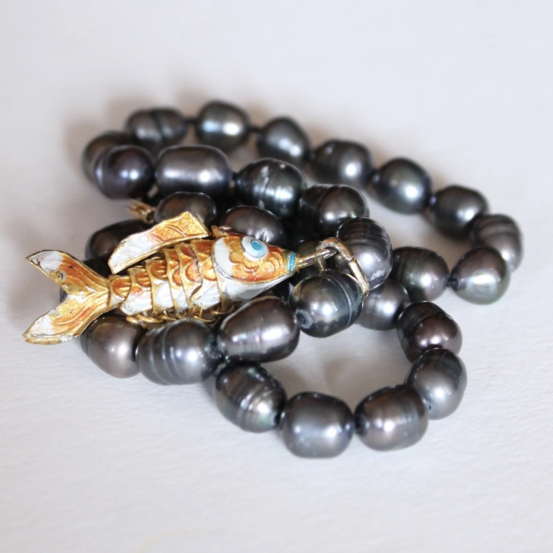 Black Baroque Pearl Necklace with Gilt and Enamel Koi Pendant