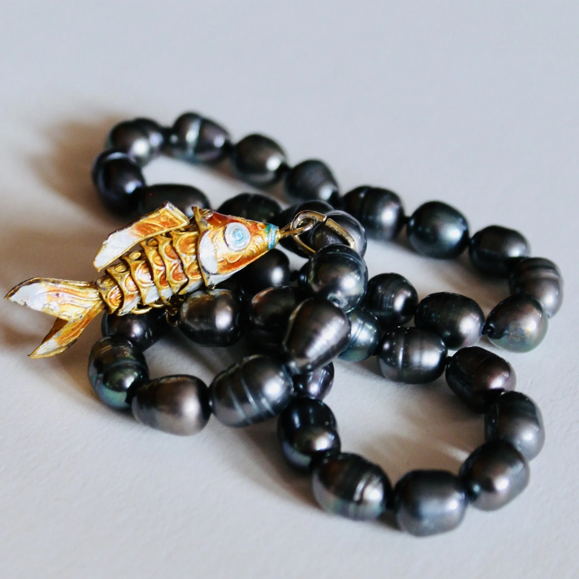 Black Baroque Pearl Necklace with Gilt and Enamel Koi Pendant