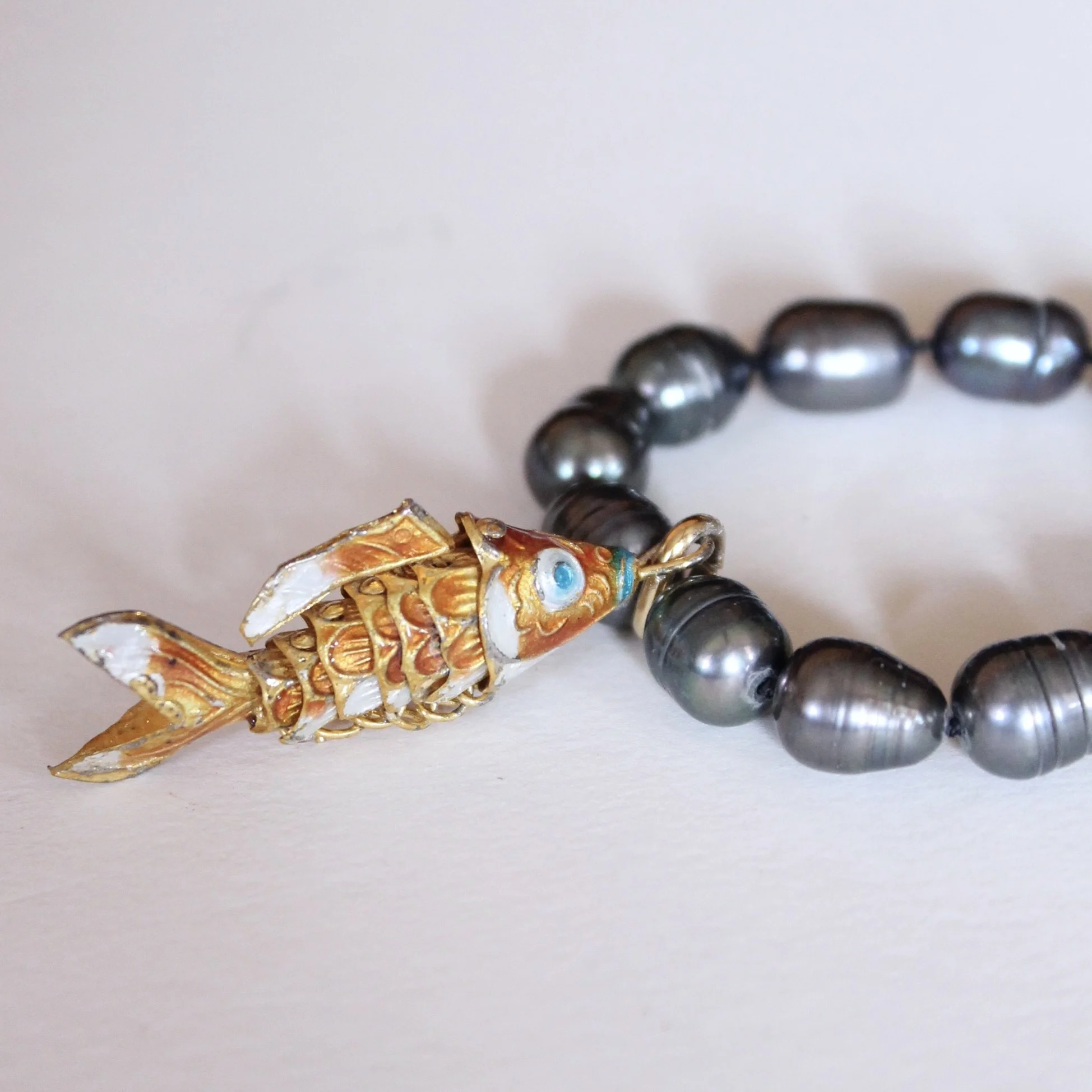 Black Baroque Pearl Necklace with Gilt and Enamel Koi Pendant