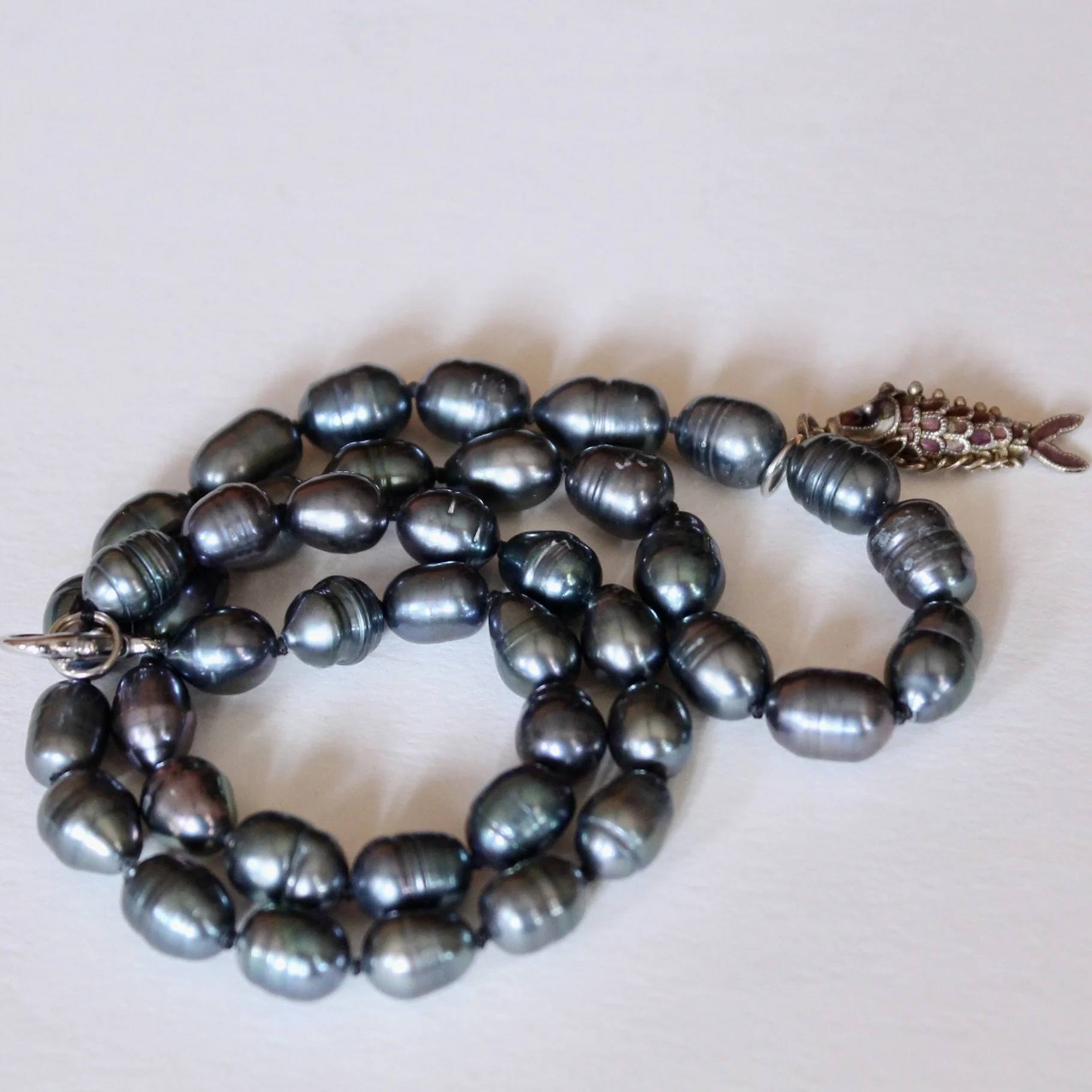 Black Baroque Pearl Necklace with Small Silver and Enamel Koi Pendant