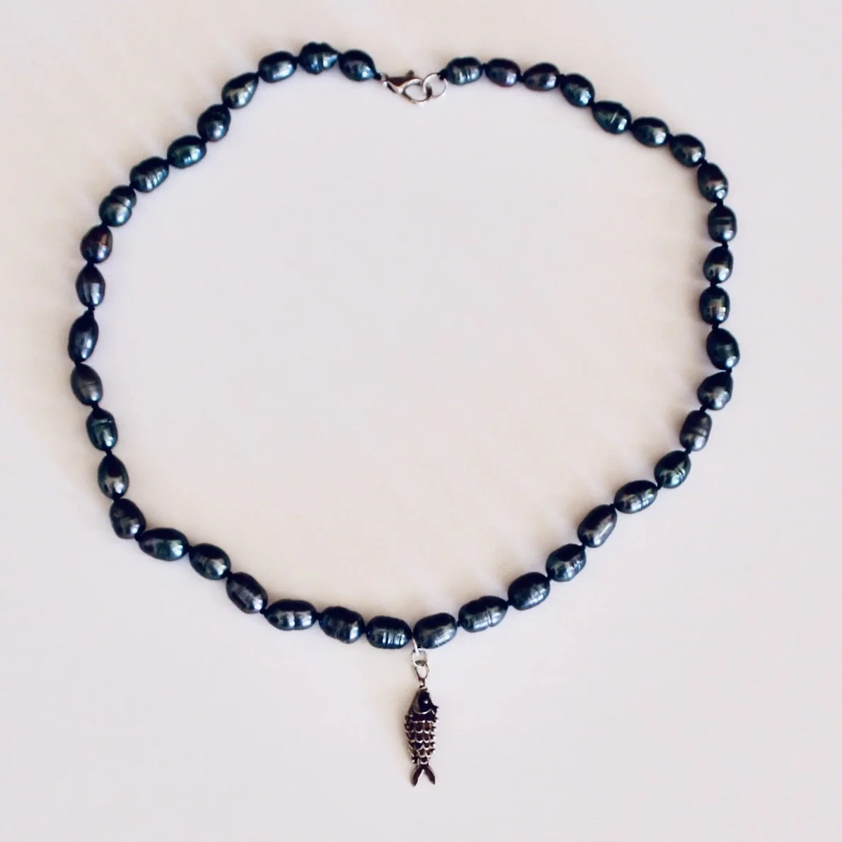 Black Baroque Pearl Necklace with Small Silver and Enamel Koi Pendant