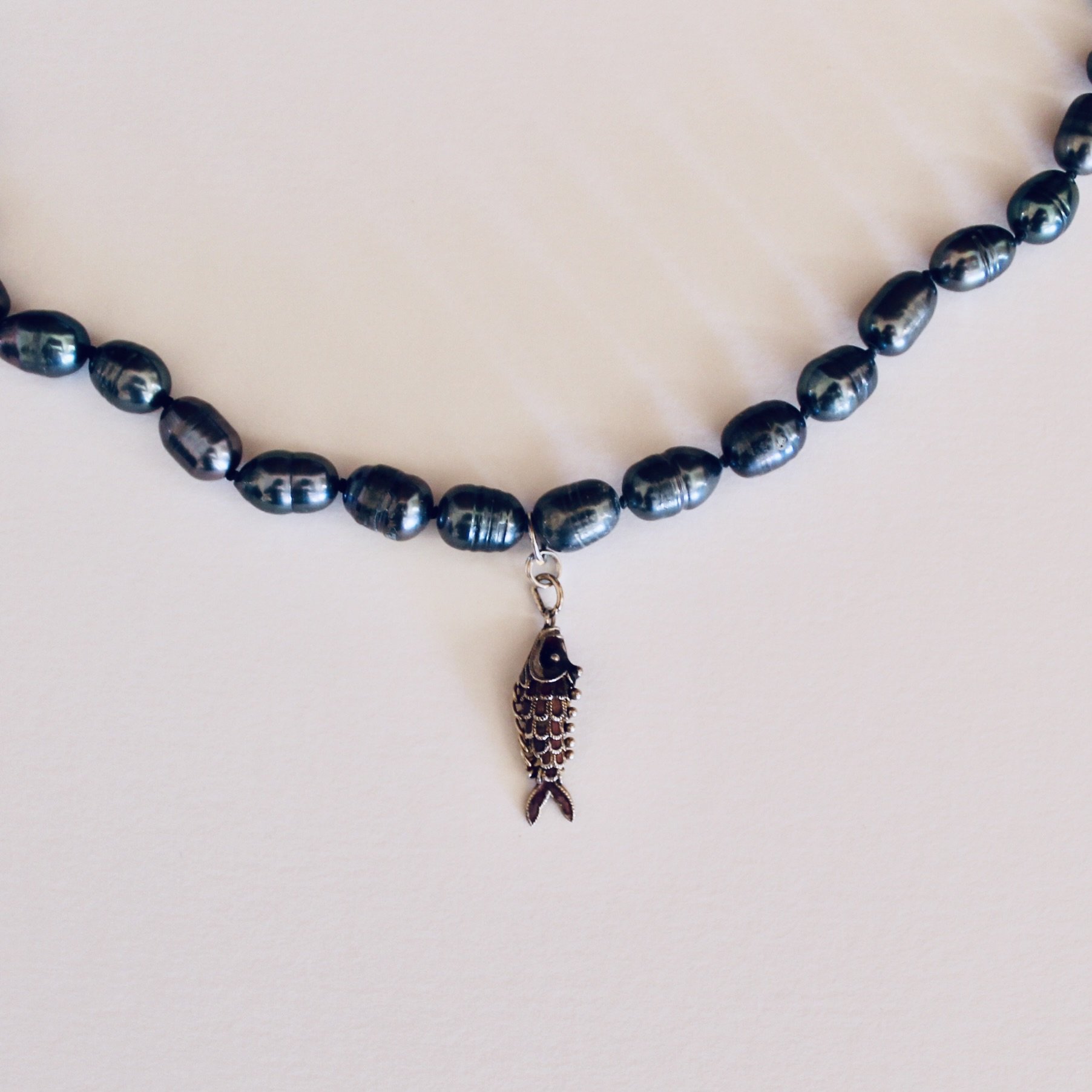Black Baroque Pearl Necklace with Small Silver and Enamel Koi Pendant