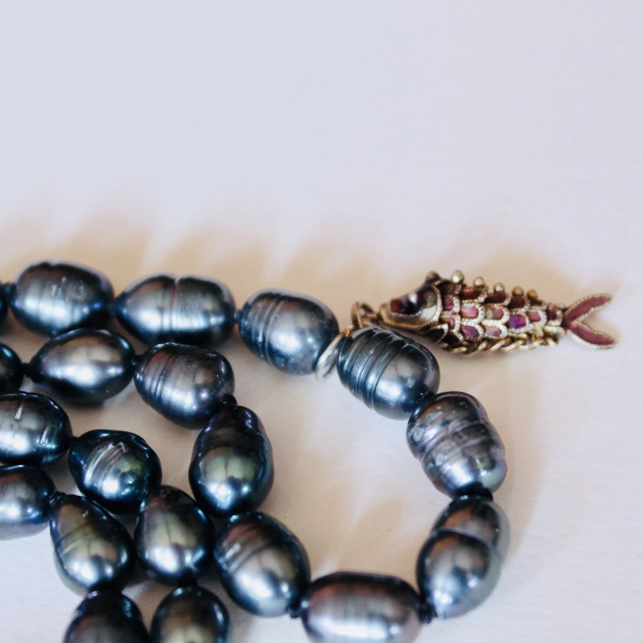 Black Baroque Pearl Necklace with Small Silver and Enamel Koi Pendant