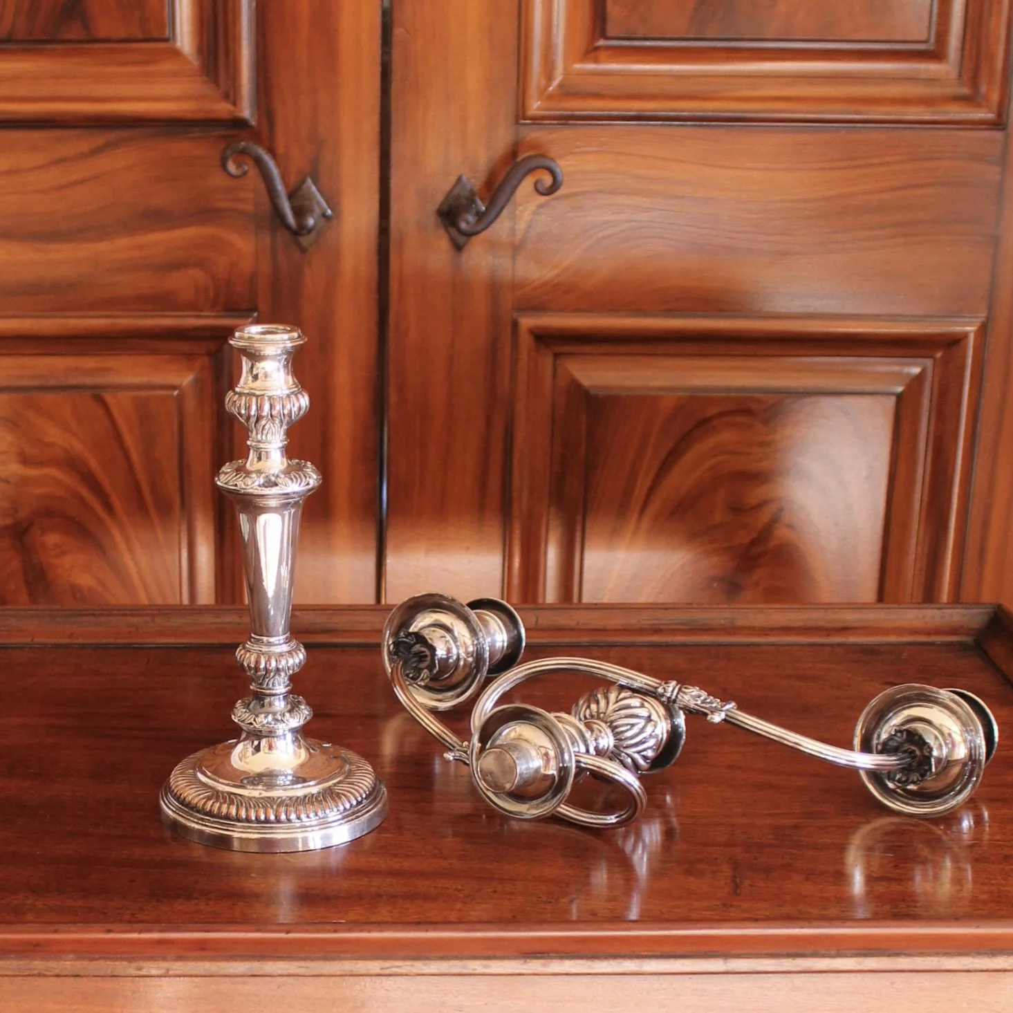 Pair of Large Antique Sheffield Silver on Copper Candelabra