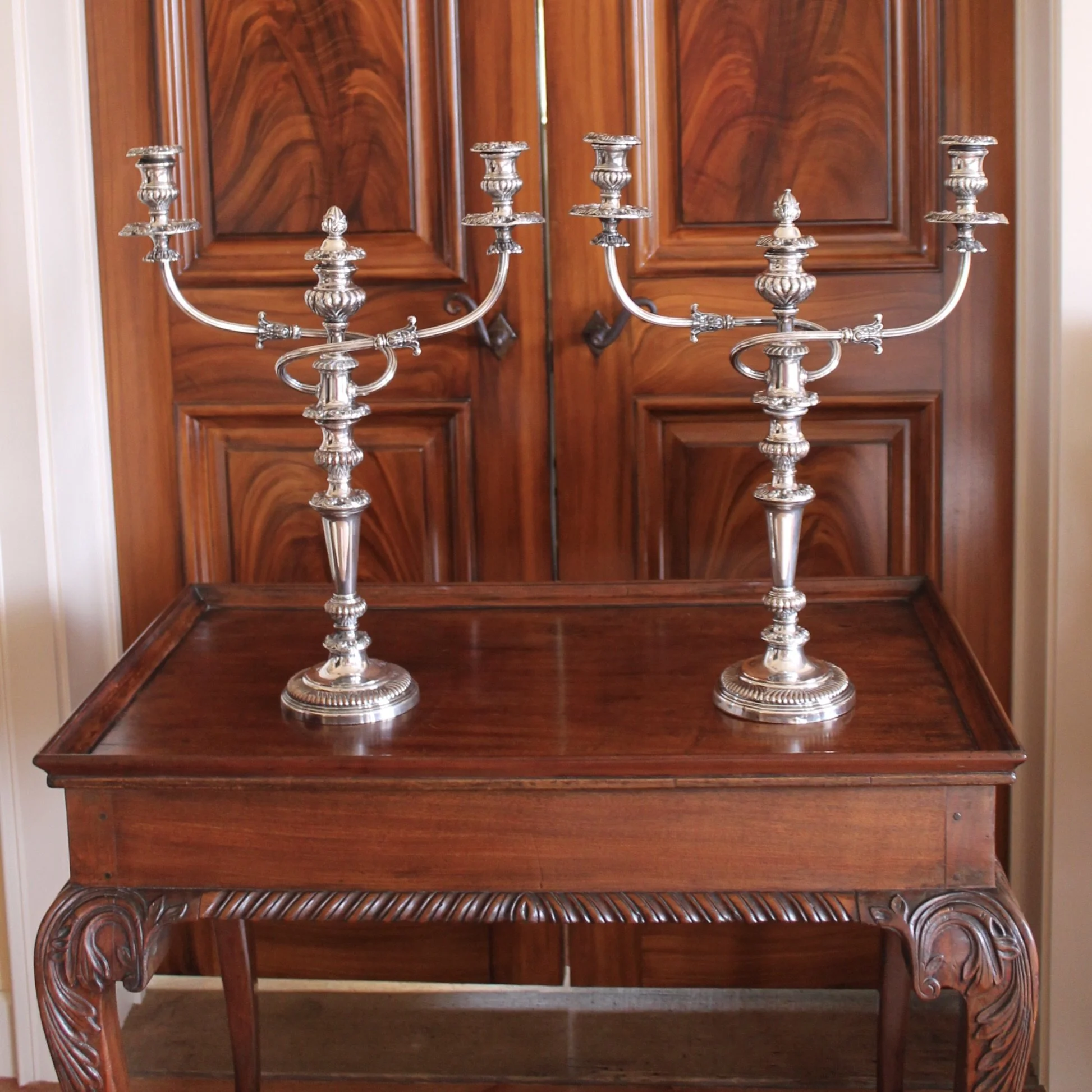 Pair of Large Antique Sheffield Silver on Copper Candelabra
