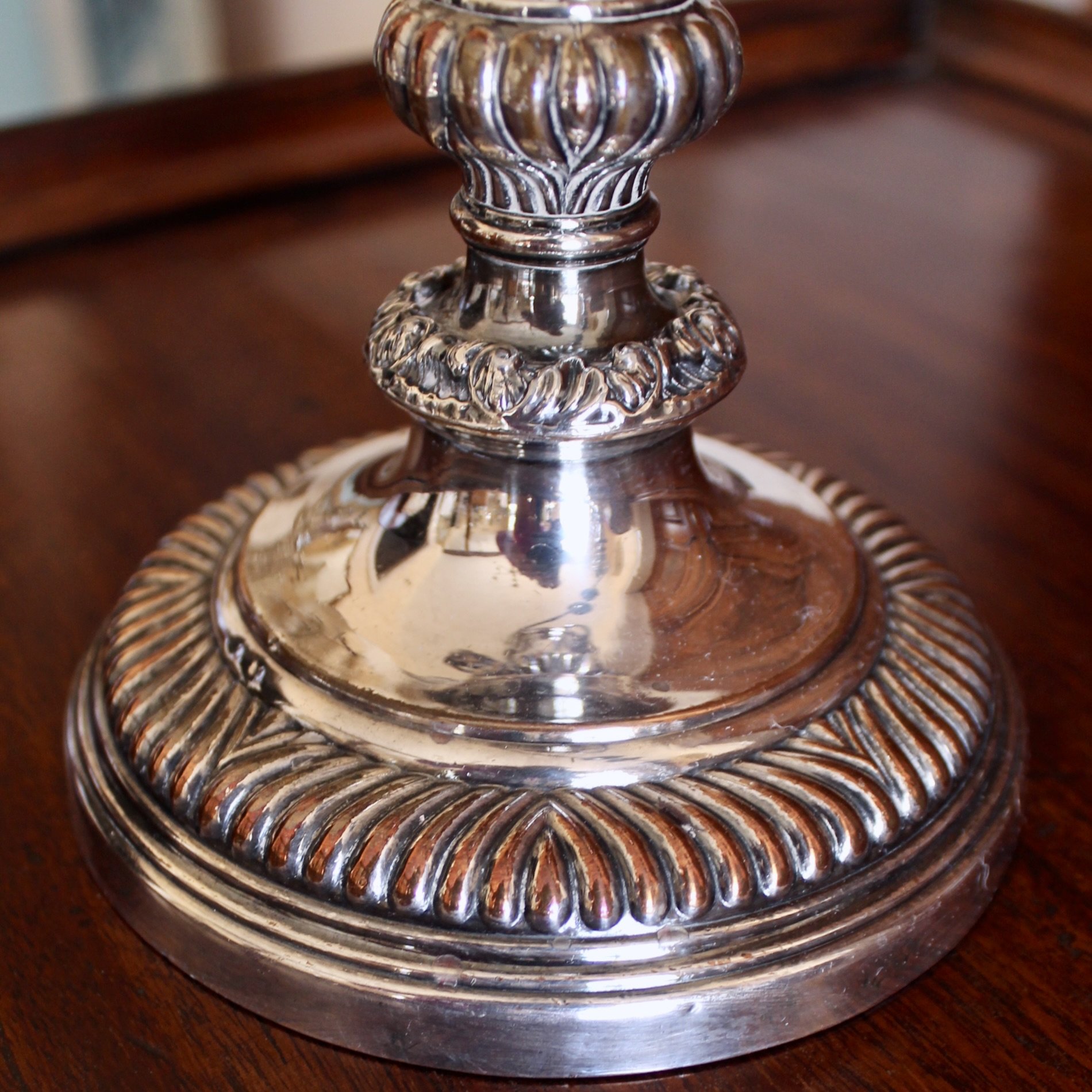 Pair of Large Antique Sheffield Silver on Copper Candelabra