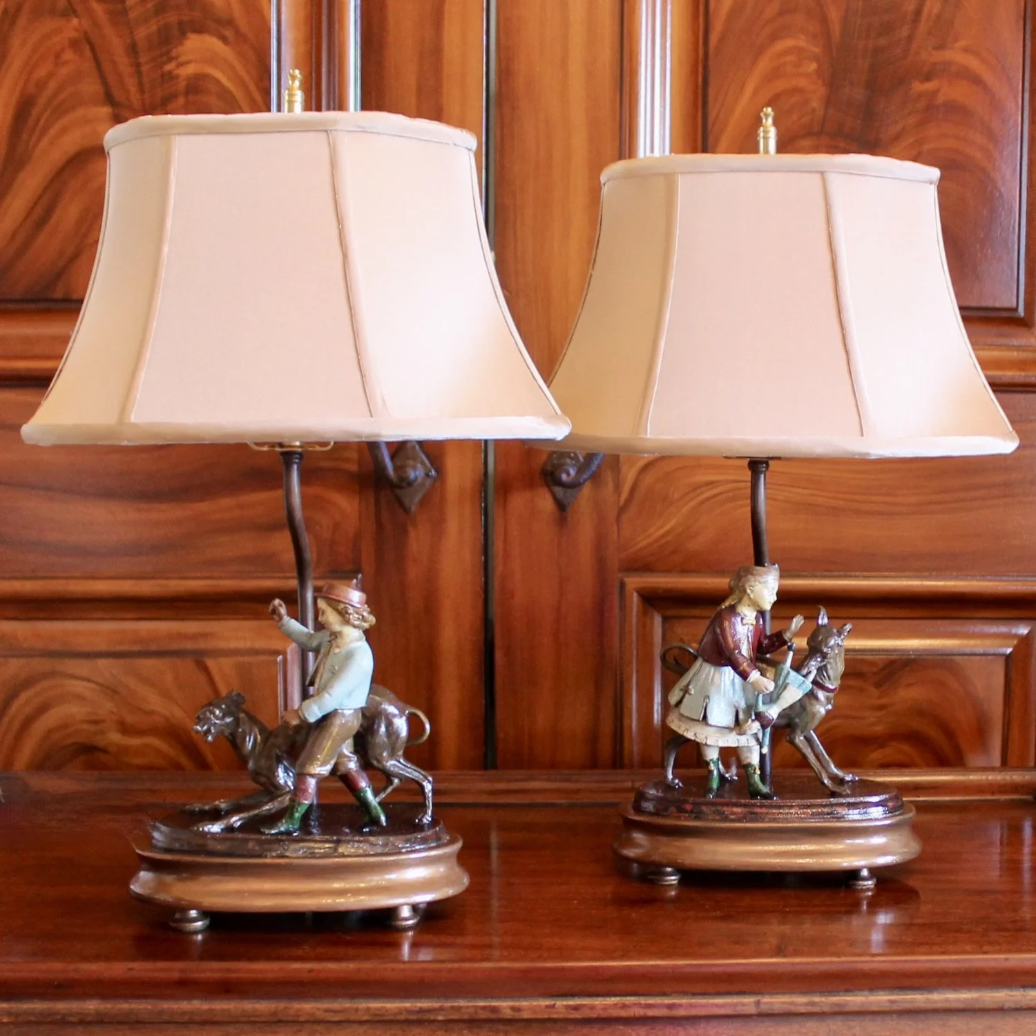 Pair of Continental Tôle Figure Lamps with Whippets