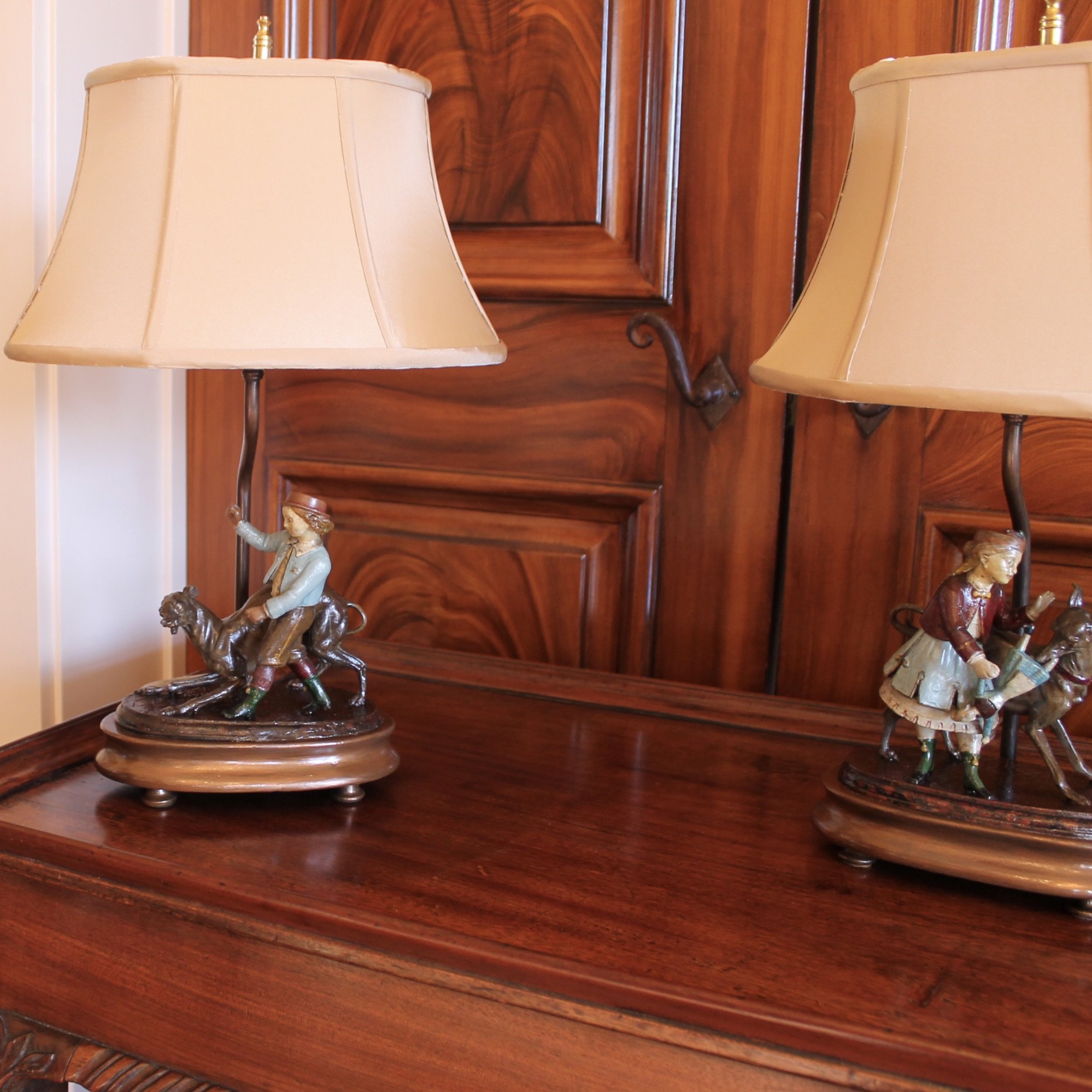 Pair of Continental Tôle Figure Lamps with Whippets