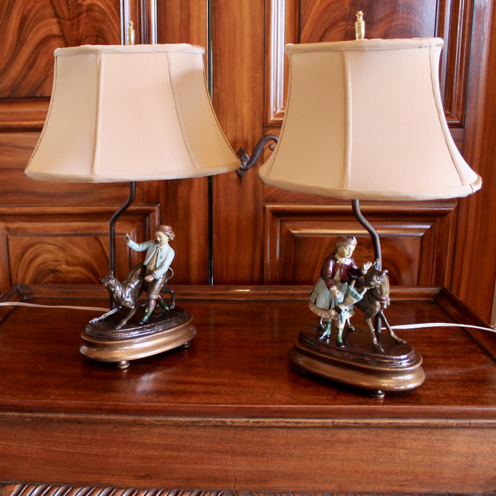 Pair of Continental Tôle Figure Lamps with Whippets