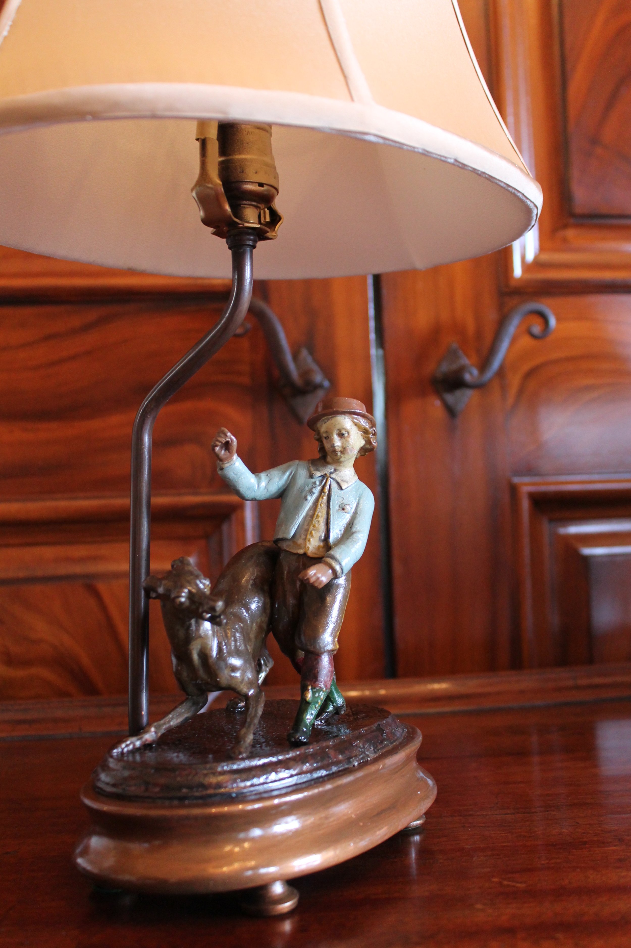 Pair of Continental Tôle Figure Lamps with Whippets
