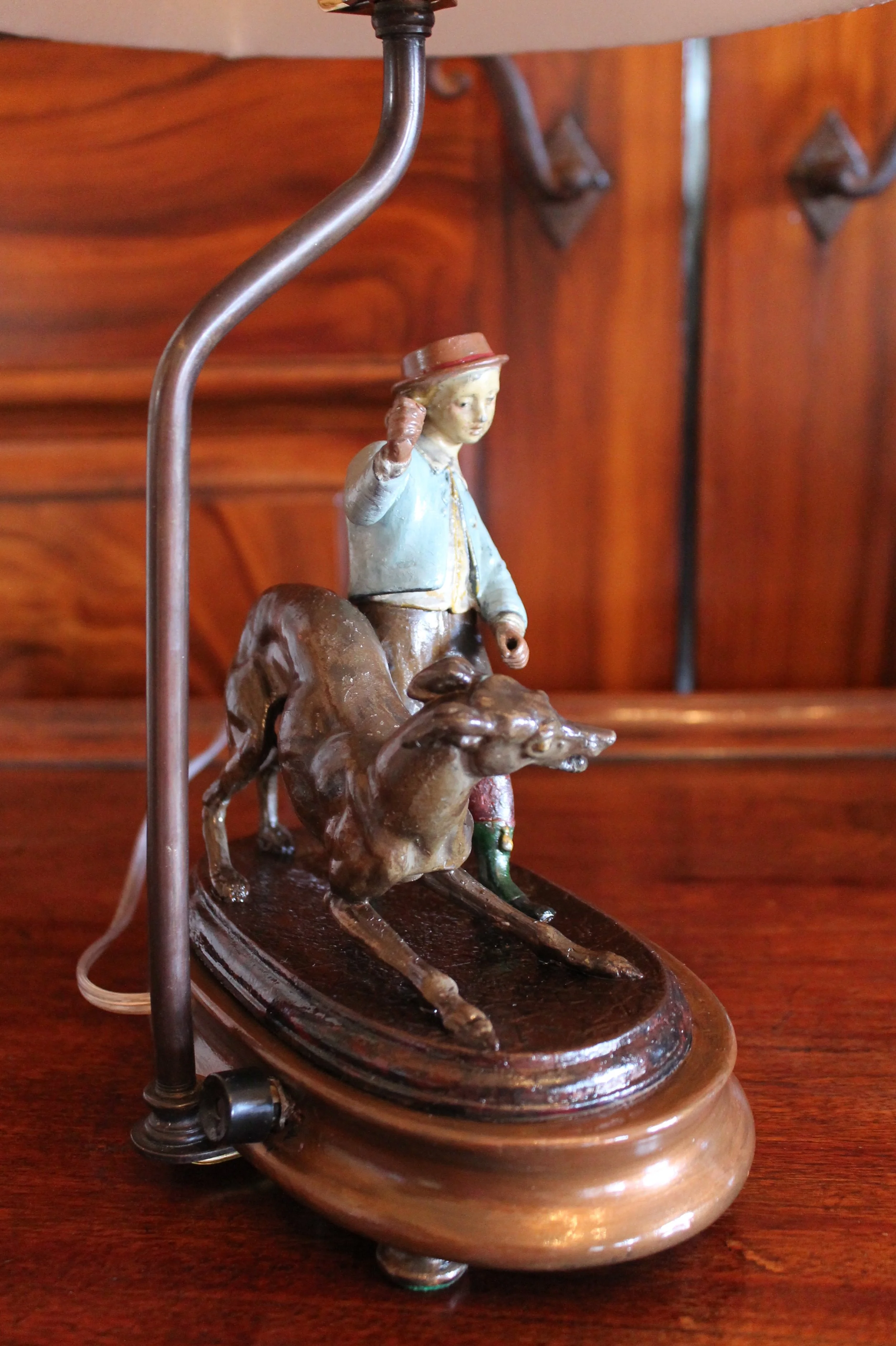 Pair of Continental Tôle Figure Lamps with Whippets