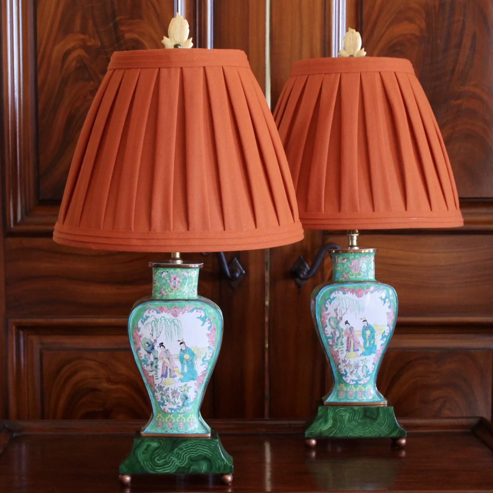 Pair of Chinese Enamel on Copper Vase Lamps with Orange Shades