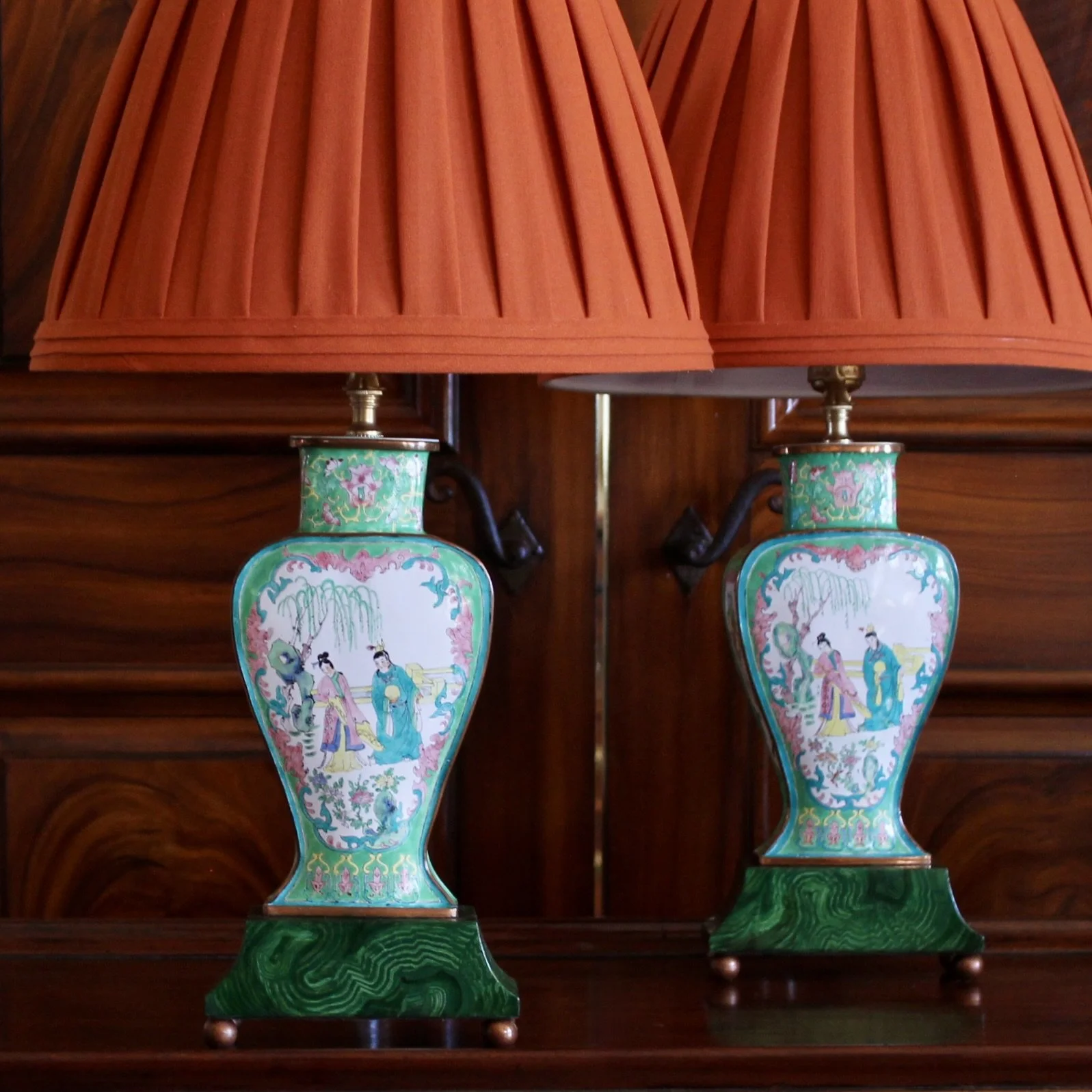 Pair of Chinese Enamel on Copper Vase Lamps with Orange Shades