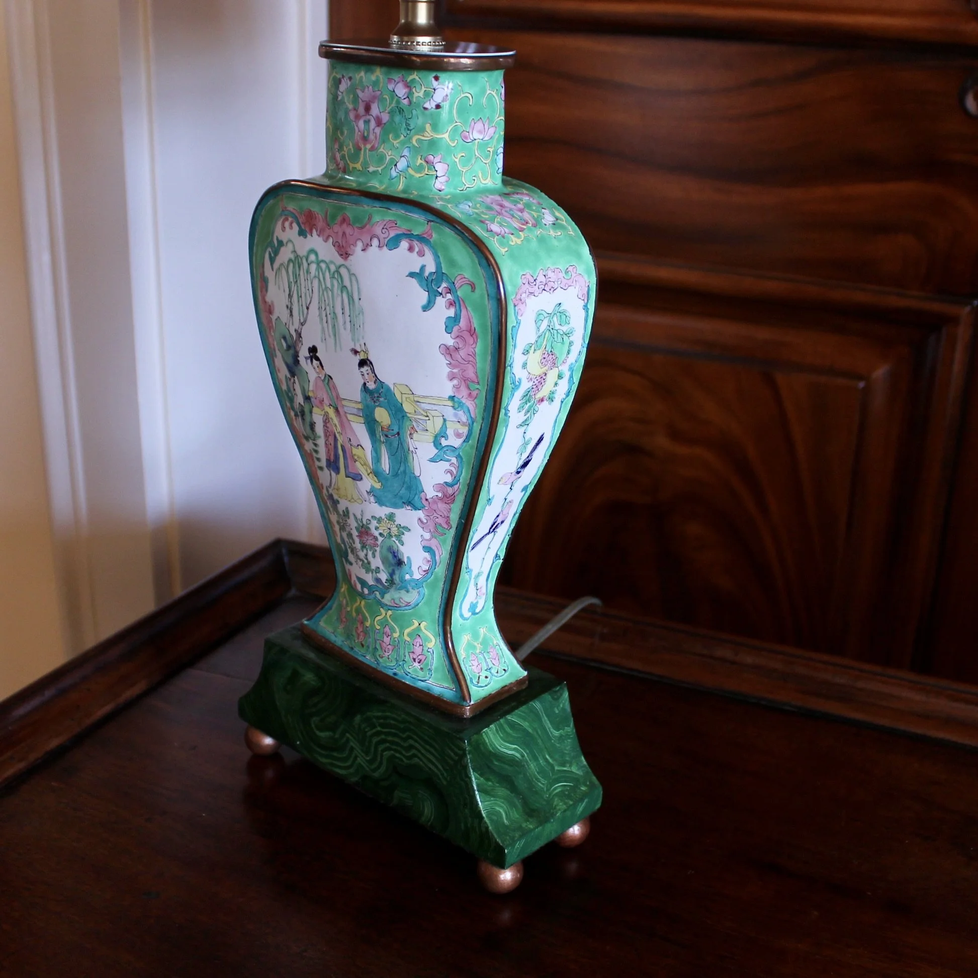 Pair of Chinese Enamel on Copper Vase Lamps with Orange Shades