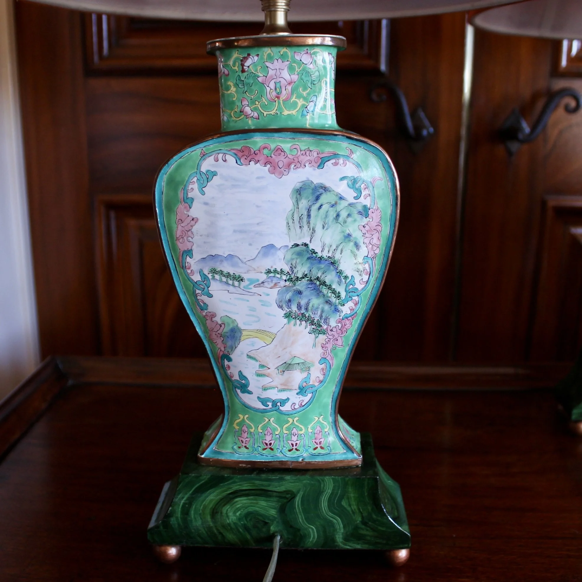 Pair of Chinese Enamel on Copper Vase Lamps with Orange Shades