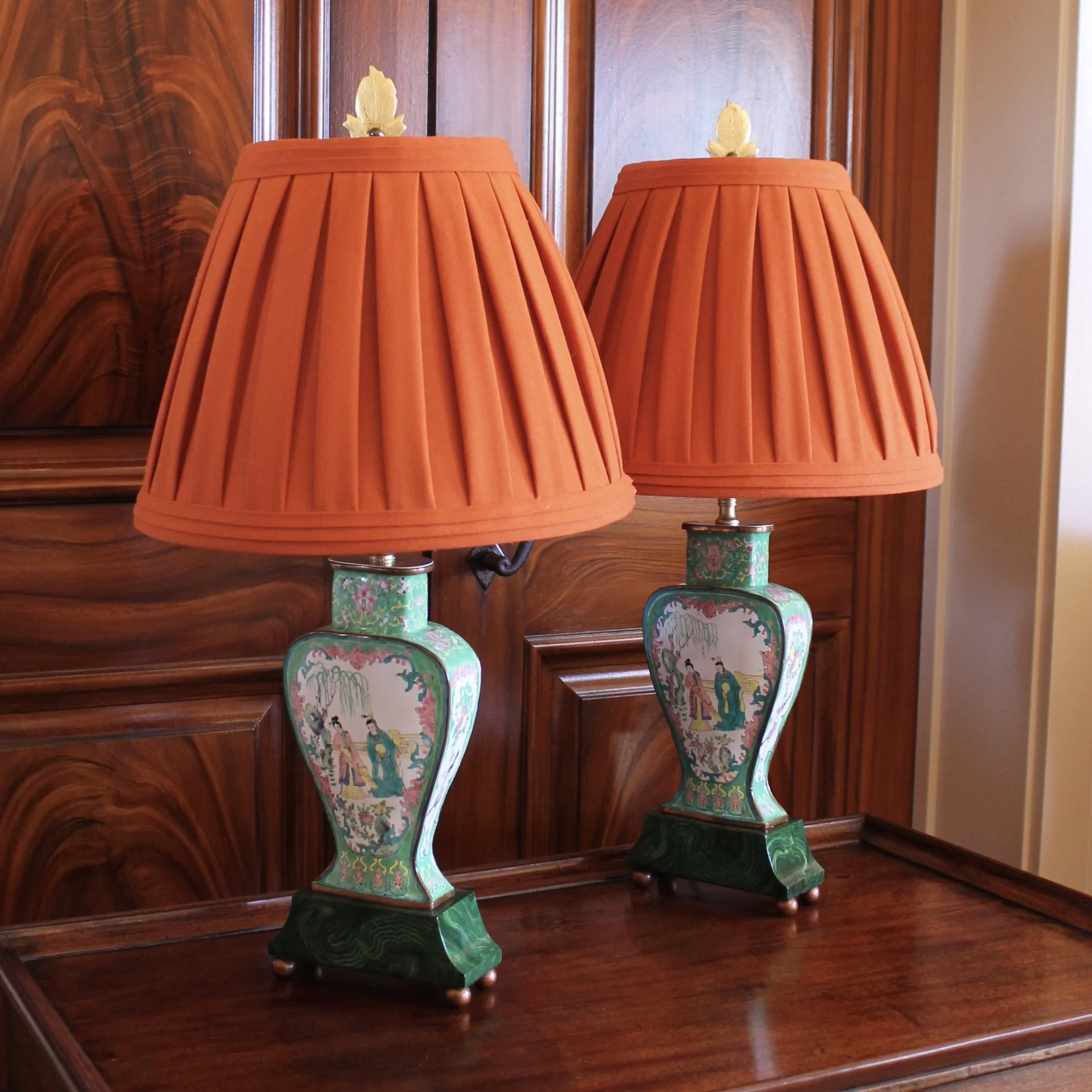 Pair of Chinese Enamel on Copper Vase Lamps with Orange Shades