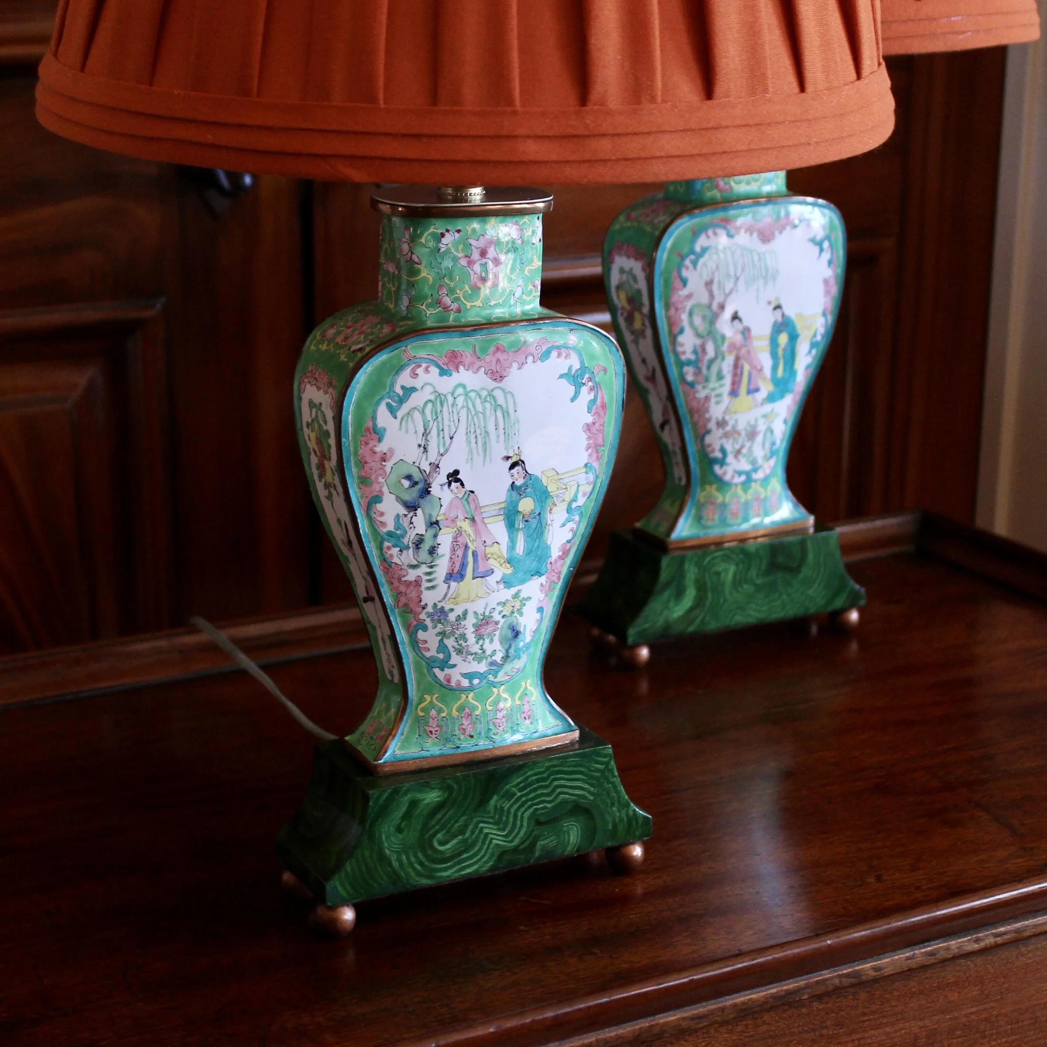 Pair of Chinese Enamel on Copper Vase Lamps with Orange Shades