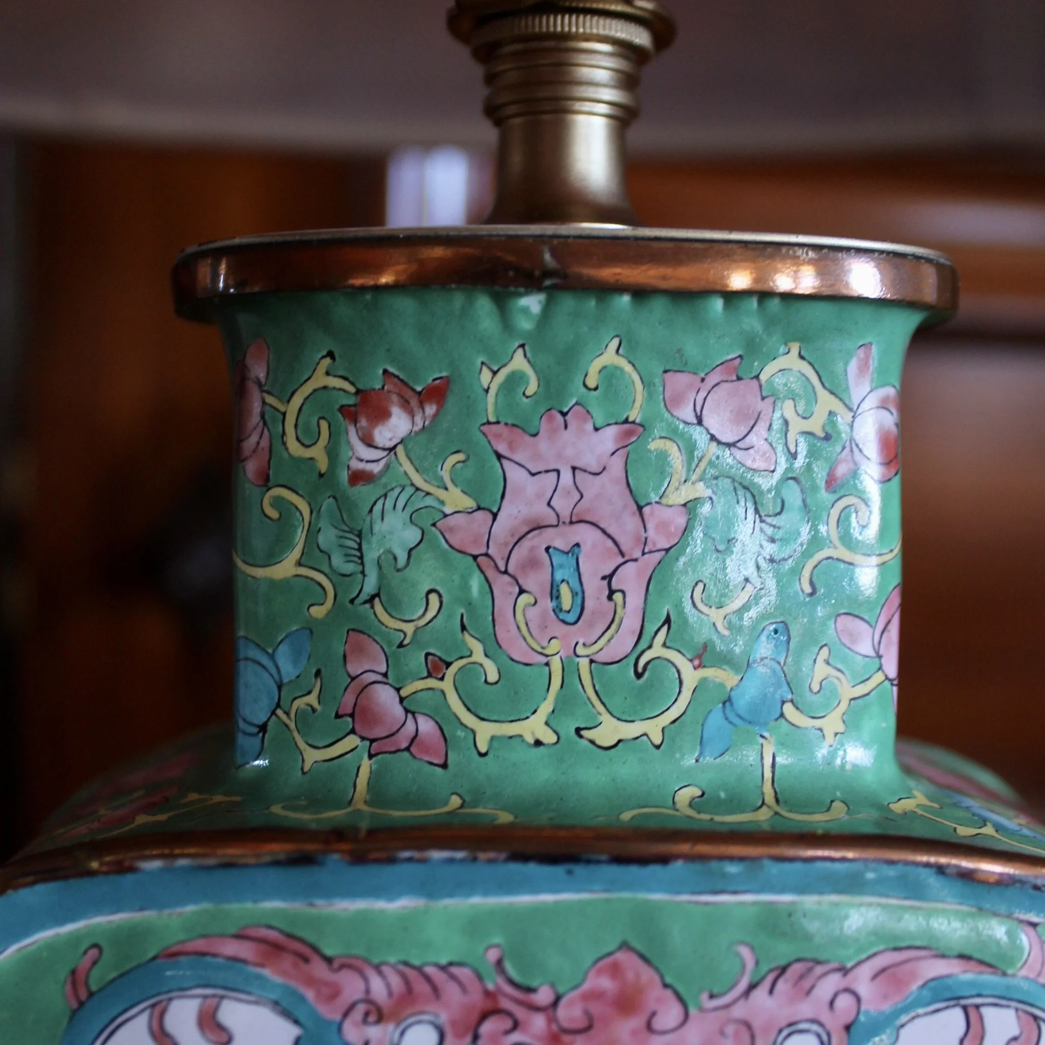 Pair of Chinese Enamel on Copper Vase Lamps with Orange Shades