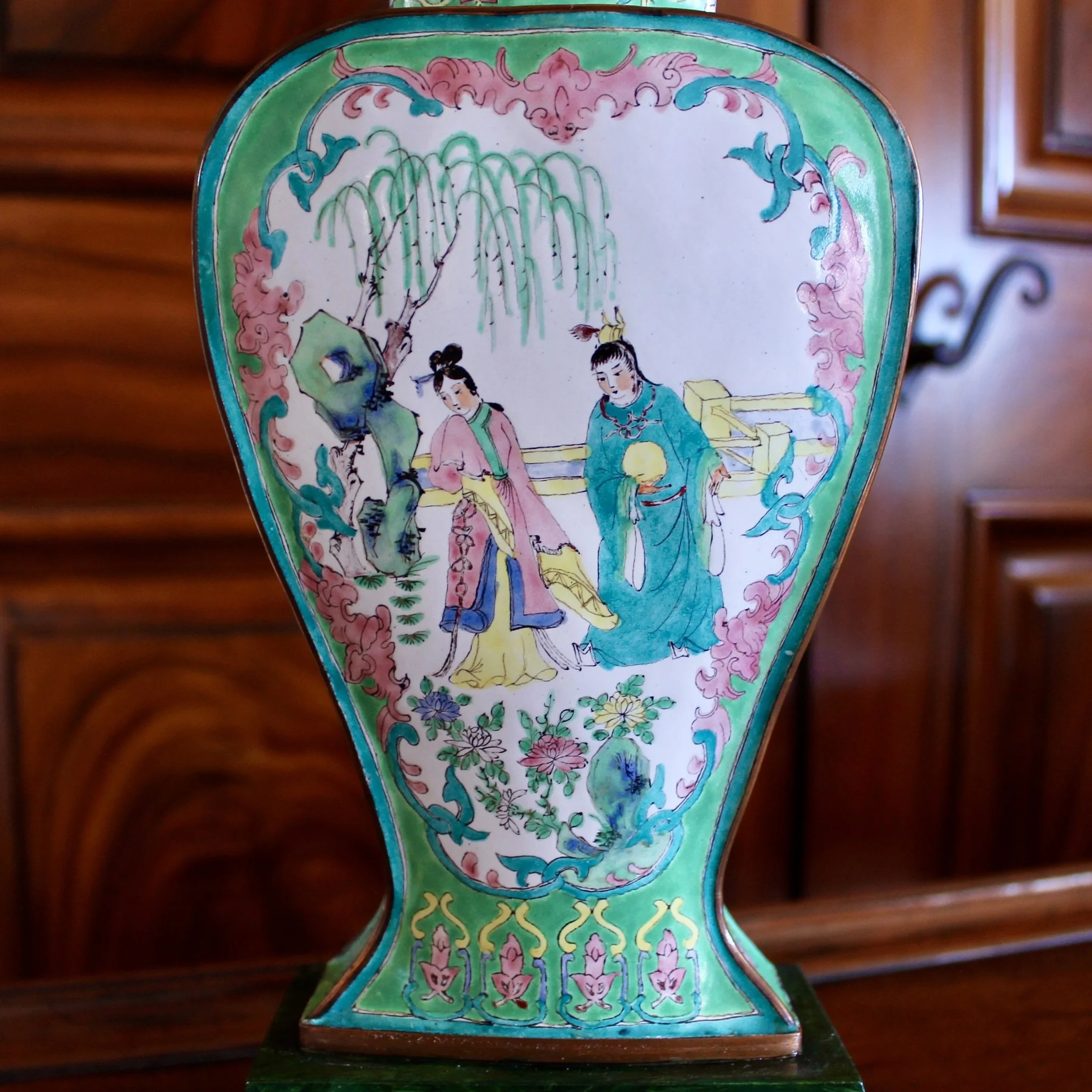 Pair of Chinese Enamel on Copper Vase Lamps with Orange Shades