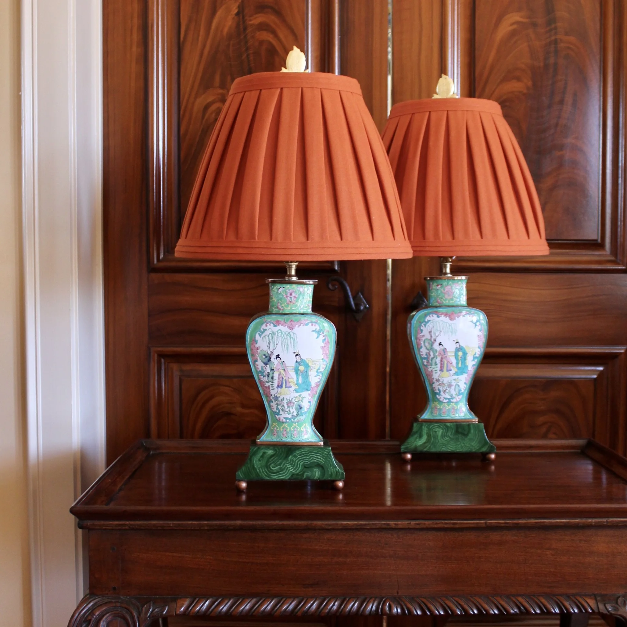 Pair of Chinese Enamel on Copper Vase Lamps with Orange Shades