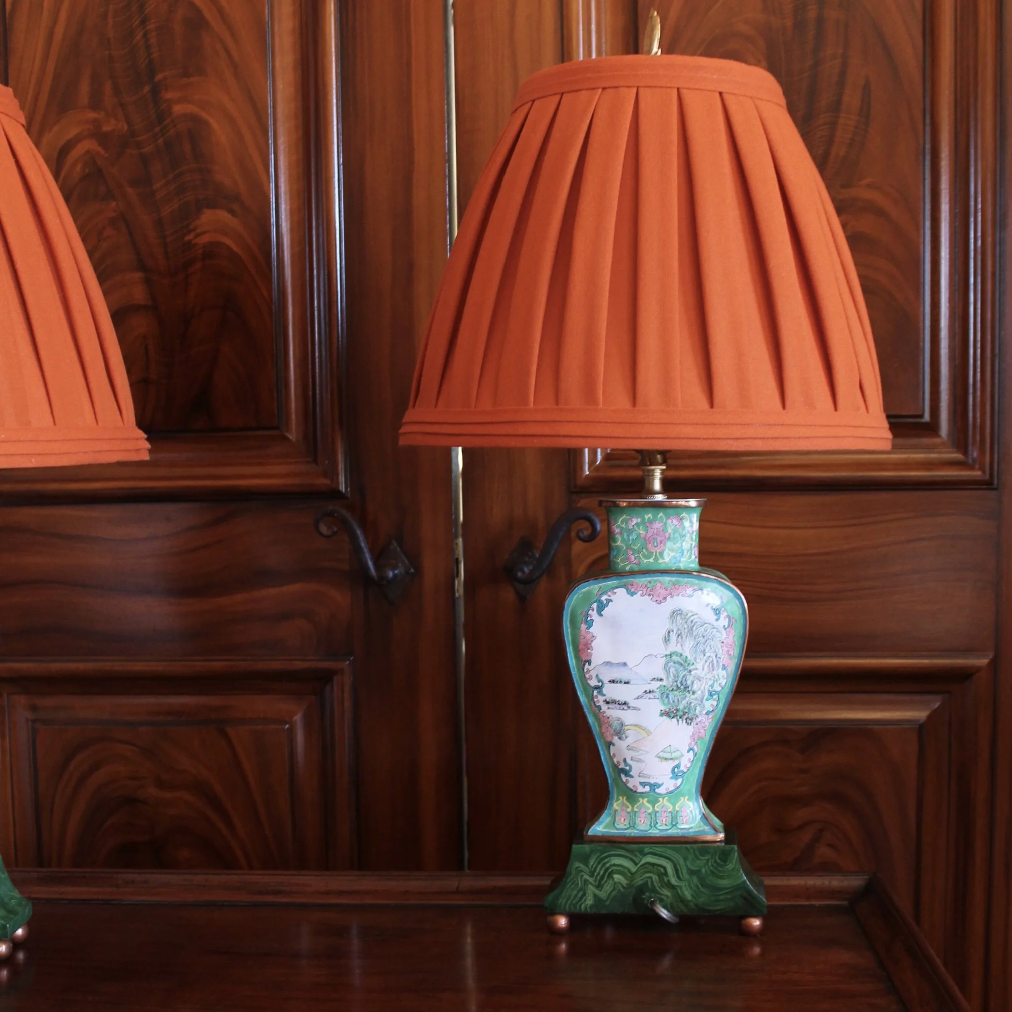Pair of Chinese Enamel on Copper Vase Lamps with Orange Shades