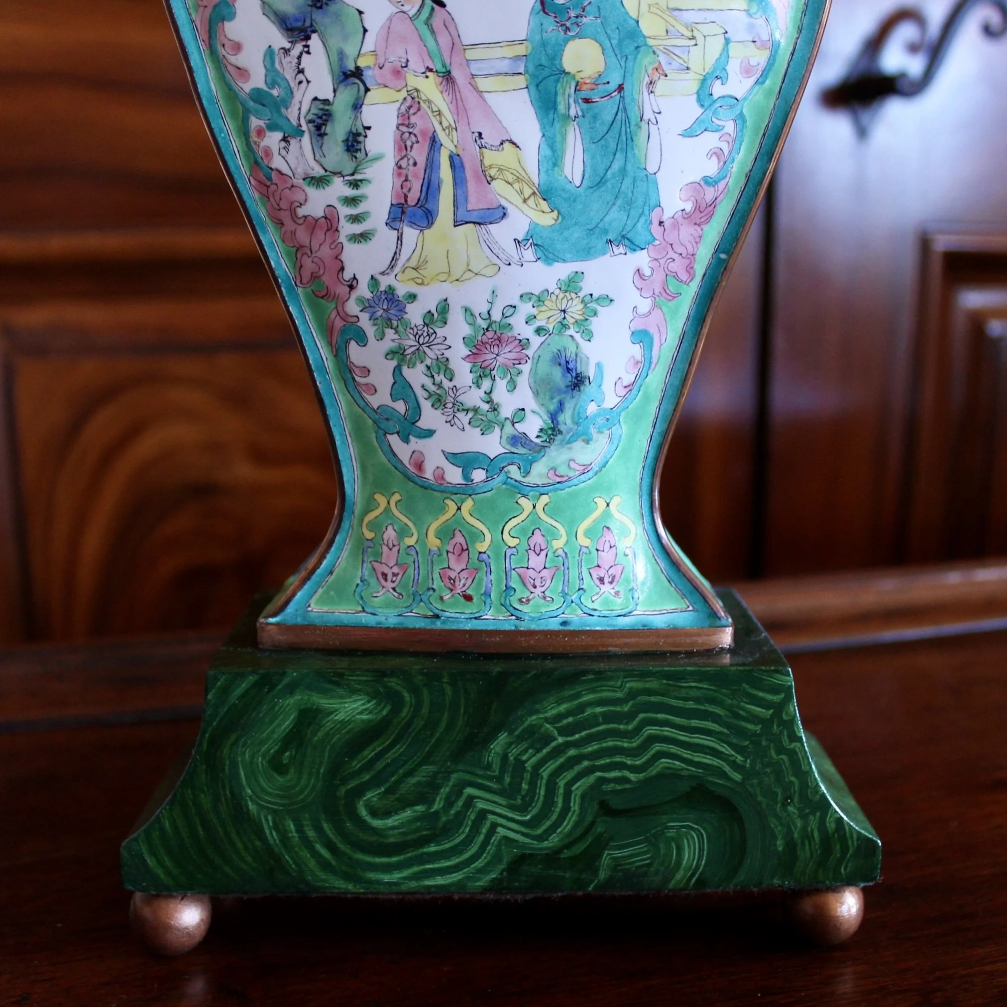 Pair of Chinese Enamel on Copper Vase Lamps with Orange Shades