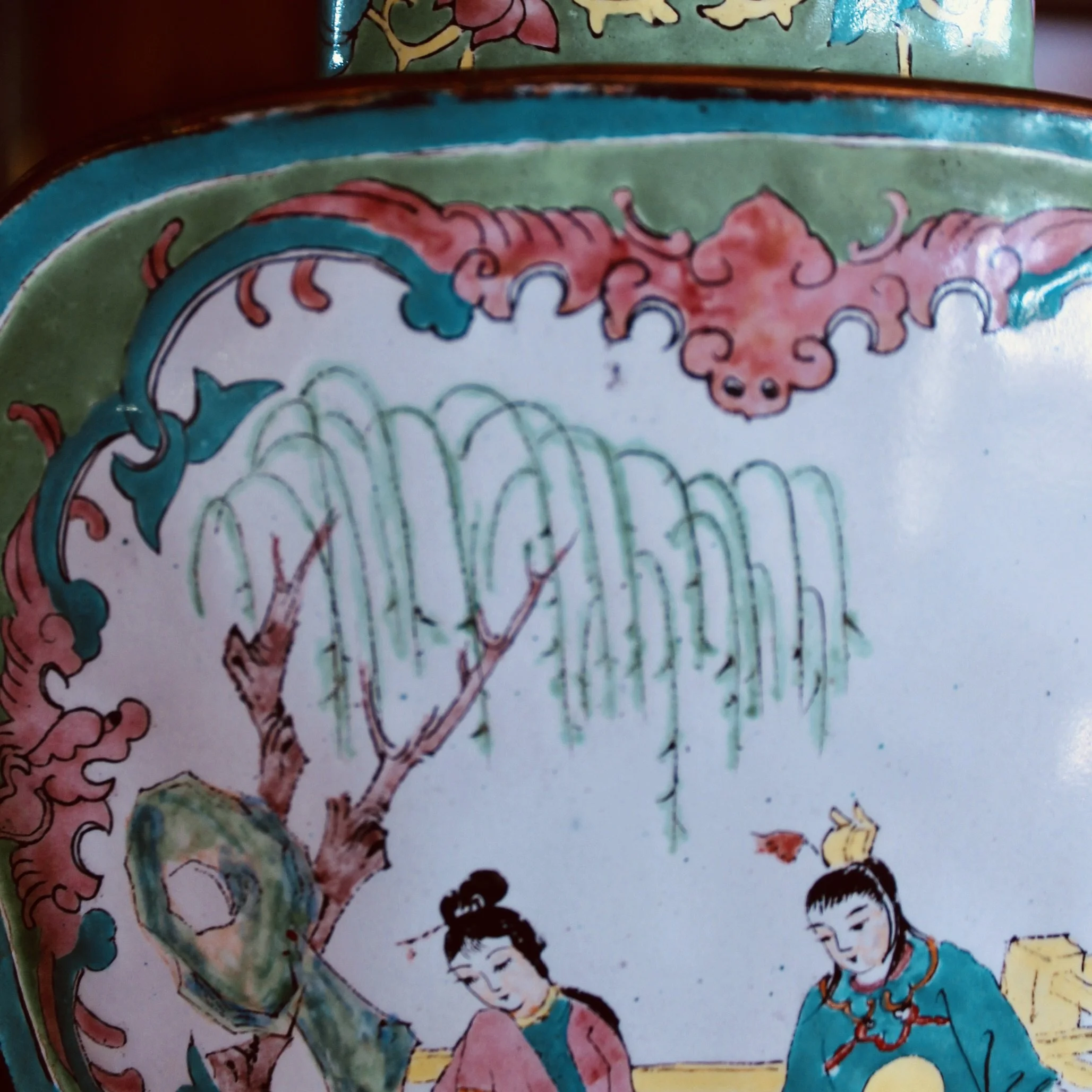 Pair of Chinese Enamel on Copper Vase Lamps with Orange Shades