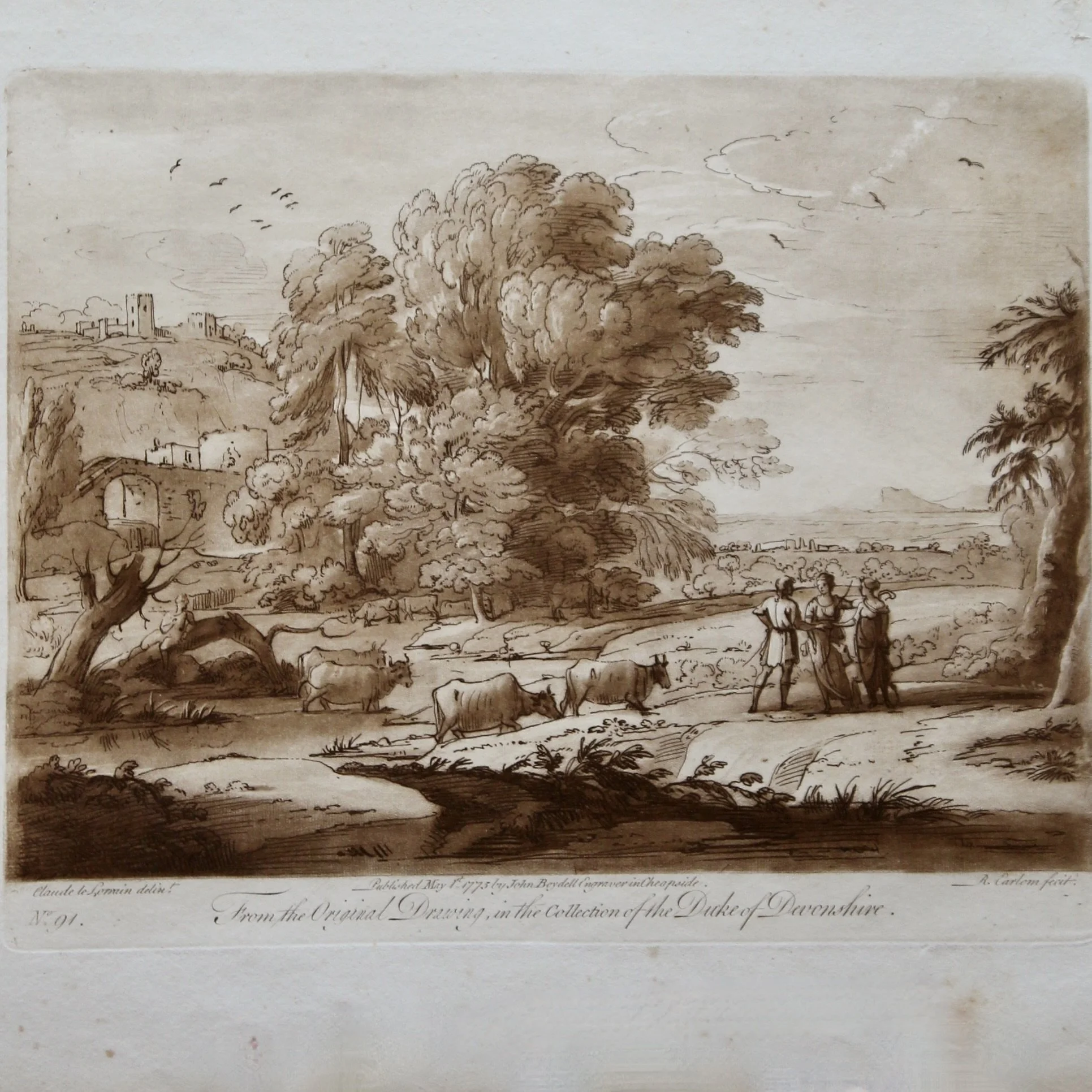 Sepia Engraved Landscape Plates after Claude Lorraine, 18th Century