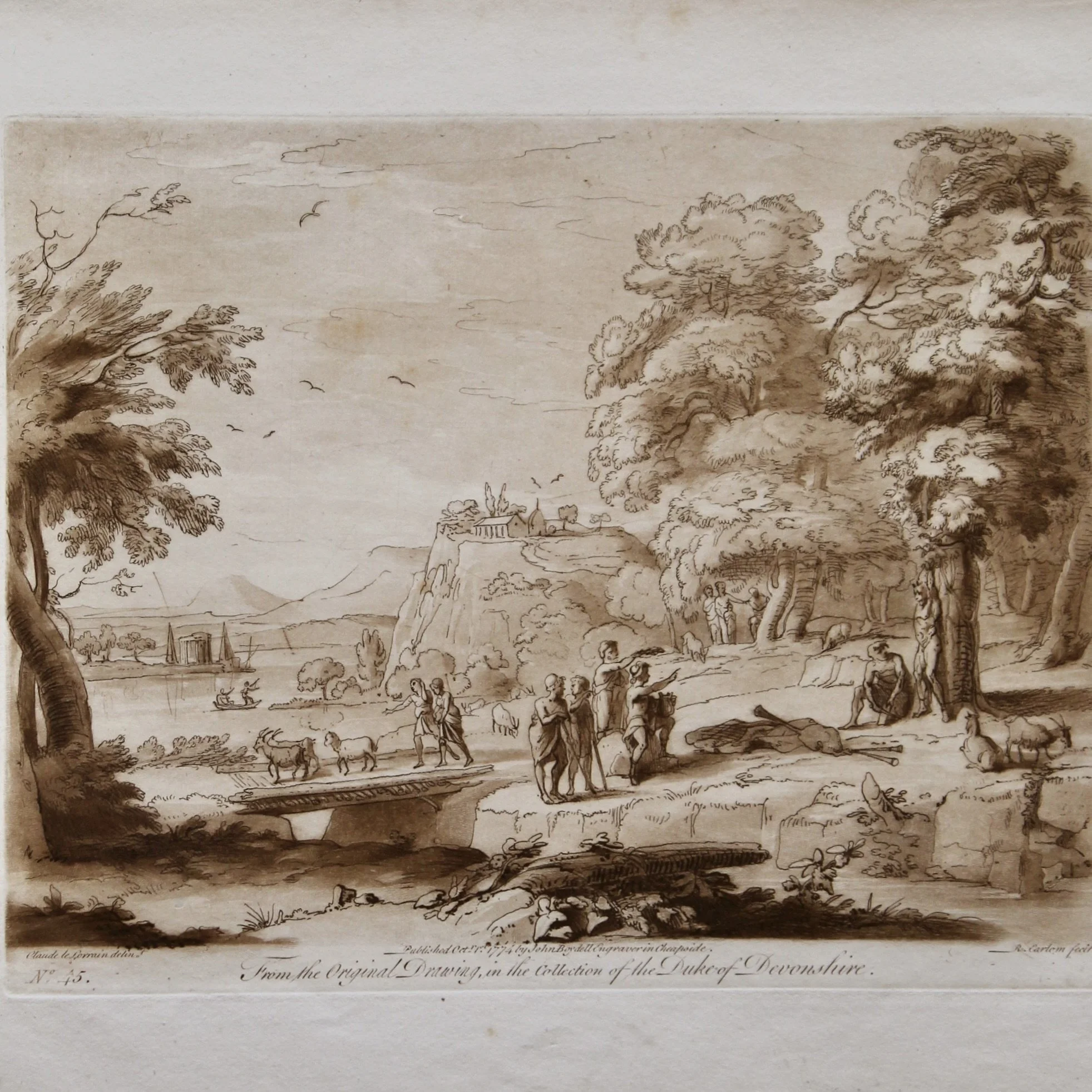 Sepia Engraved Landscape Plates after Claude Lorraine, 18th Century