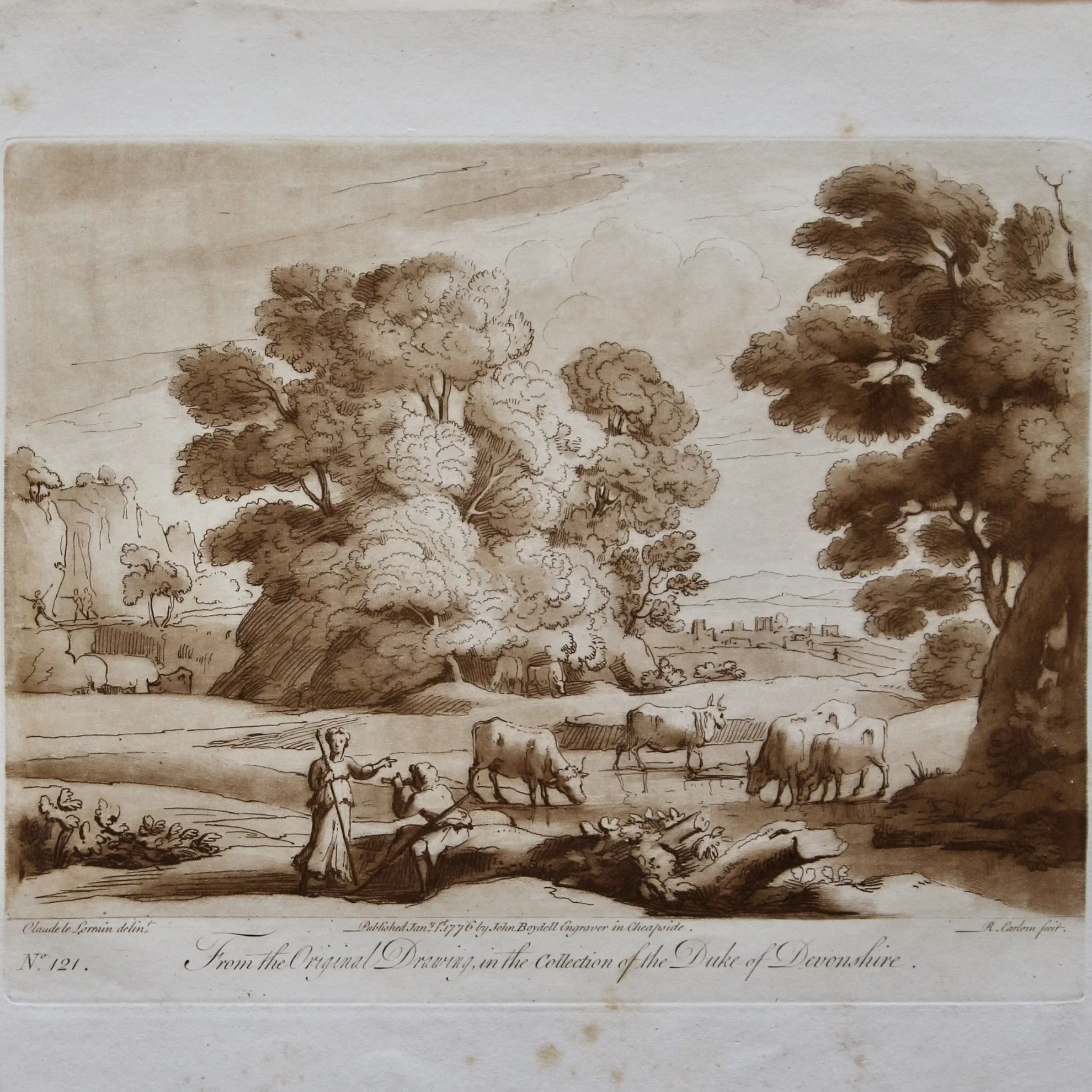 Sepia Engraved Landscape Plates after Claude Lorraine, 18th Century