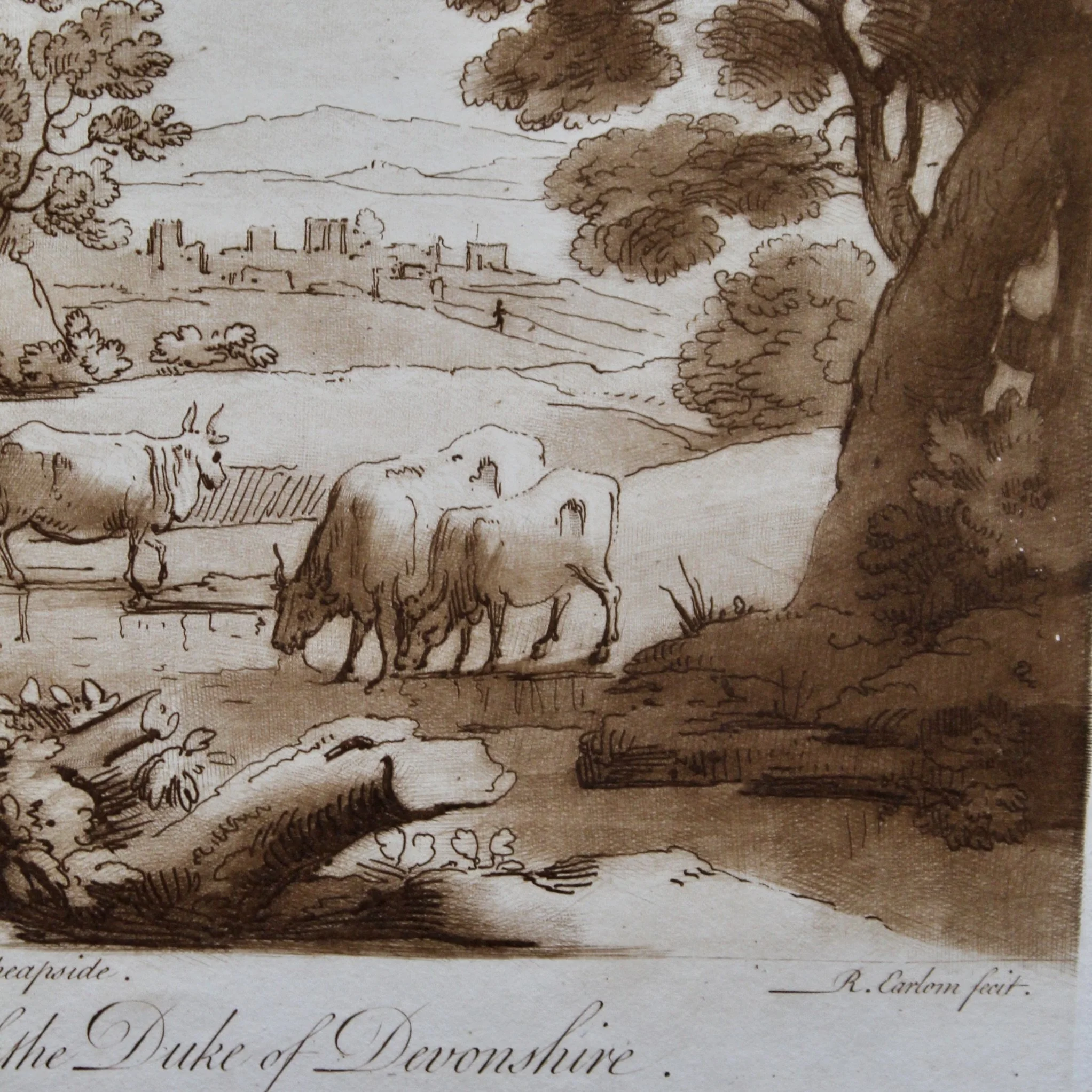 Sepia Engraved Landscape Plates after Claude Lorraine, 18th Century