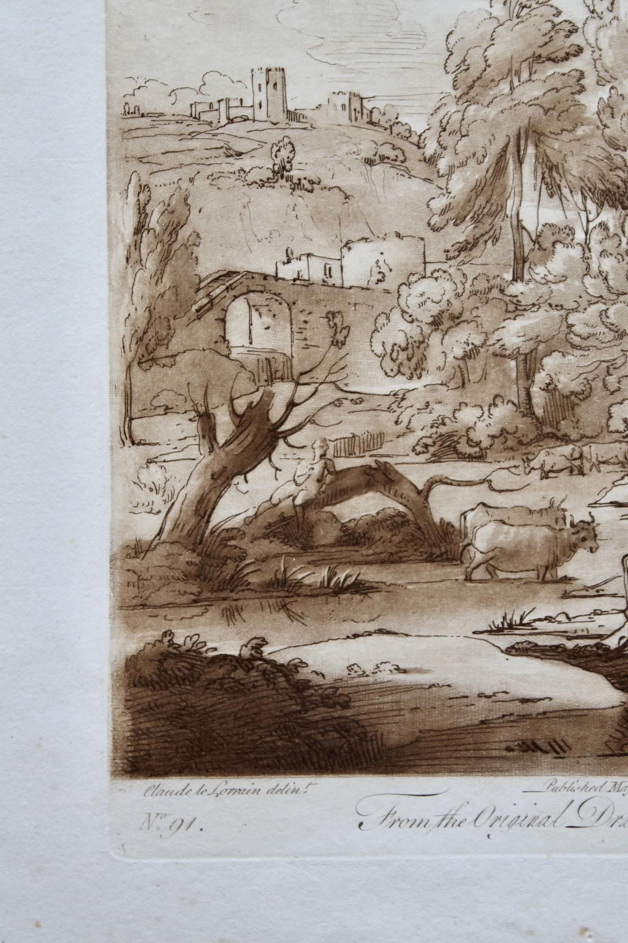 Sepia Engraved Landscape Plates after Claude Lorraine, 18th Century