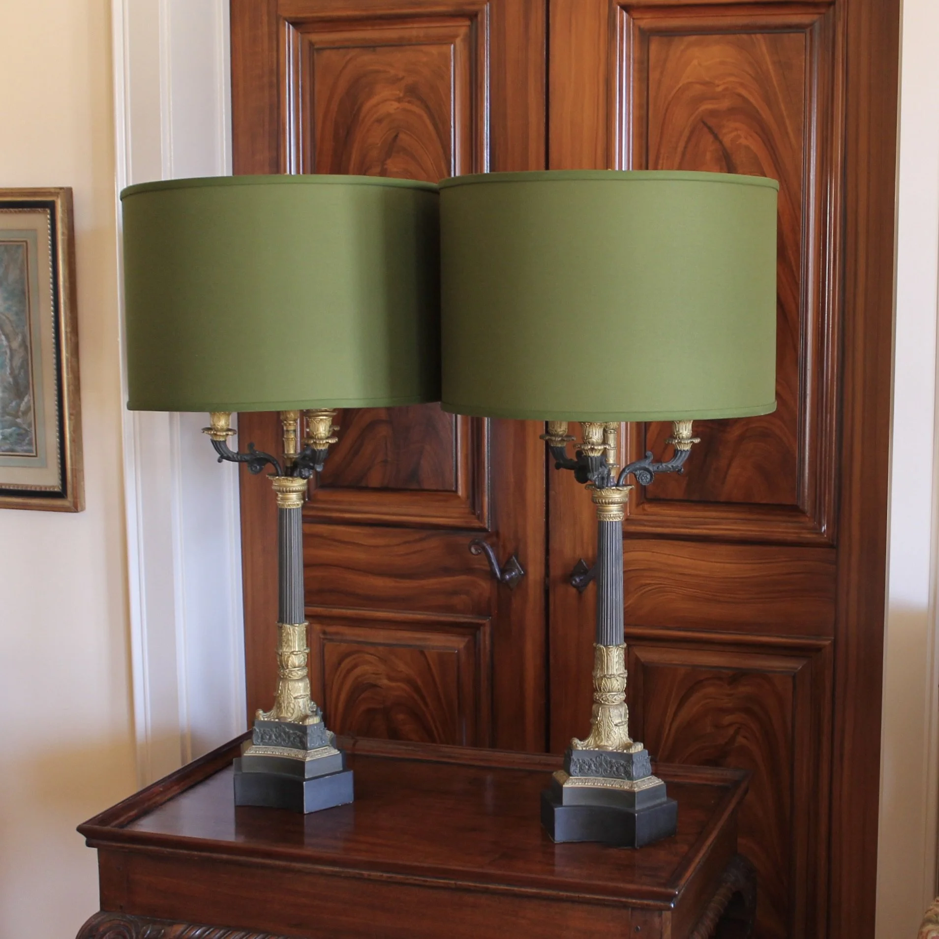 Bronze and Gilt Bronze French Restauration Style Candelabra Lamps