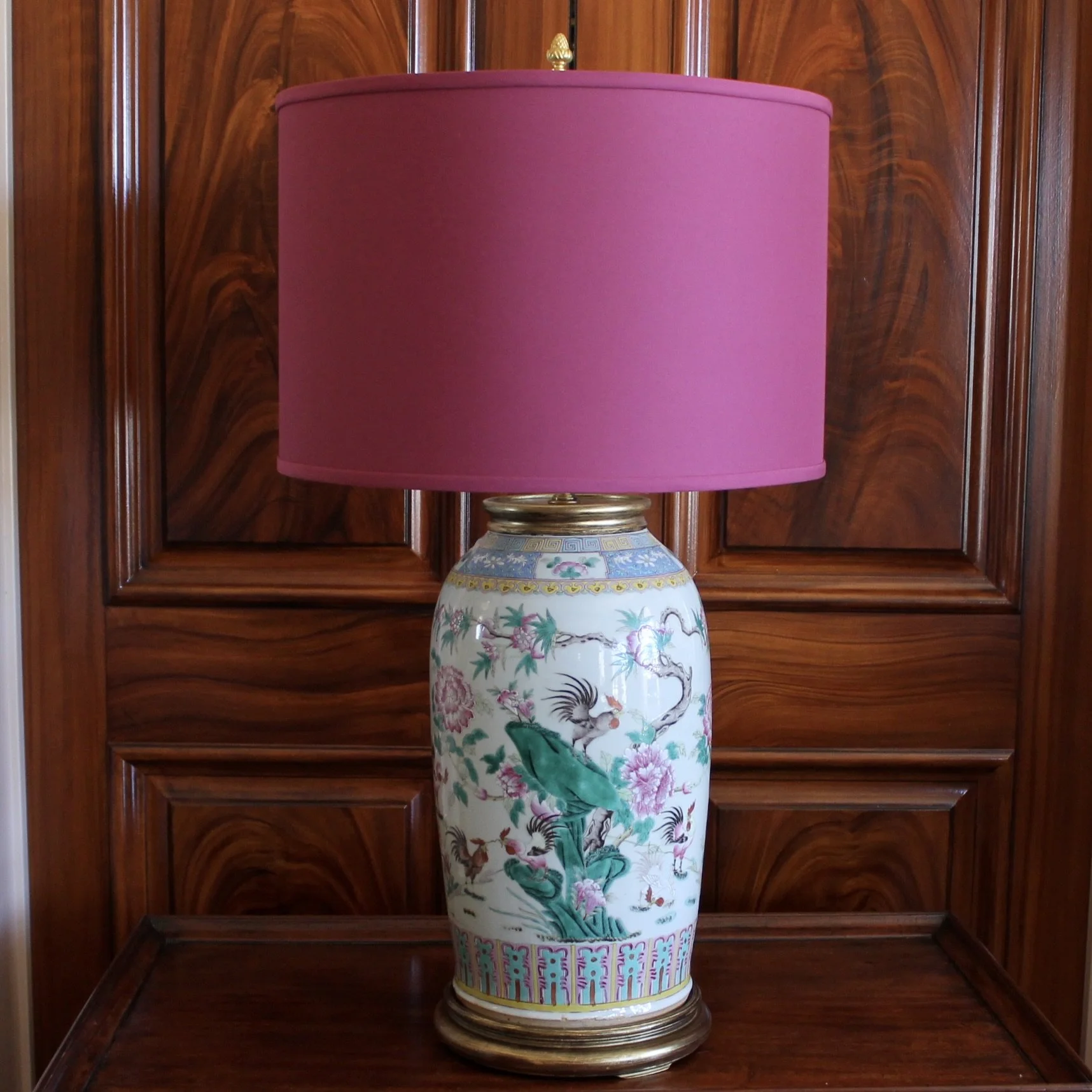 Large Chinese Export Porcelain Famille Verte Lamp with Roosters