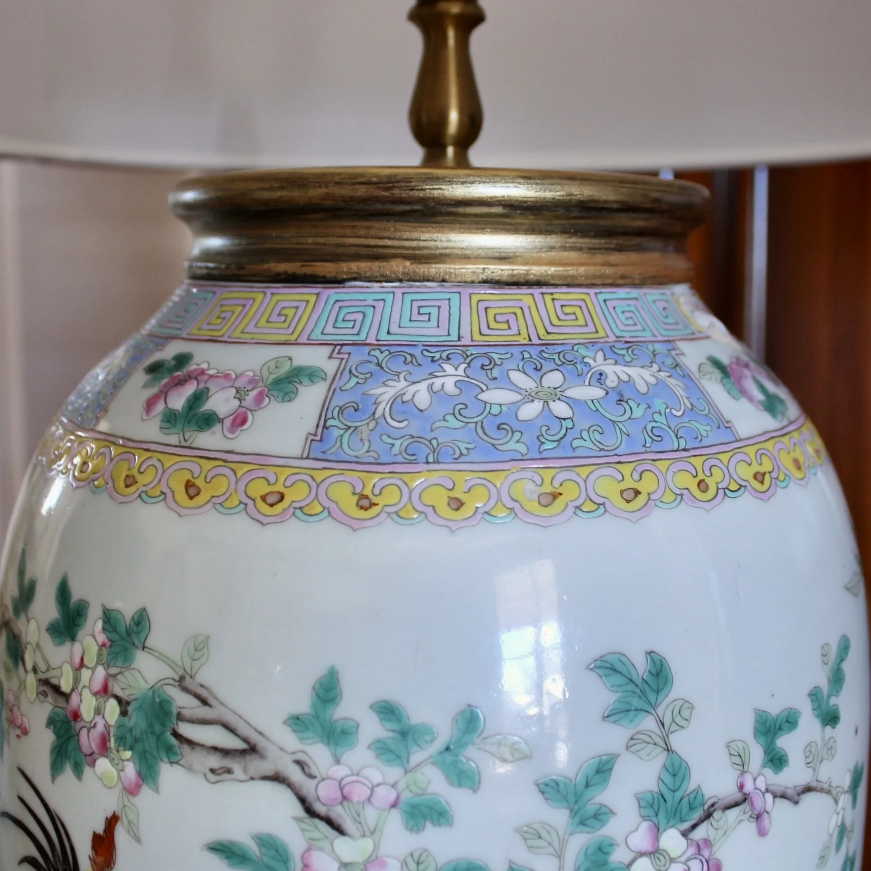 Large Chinese Export Porcelain Famille Verte Lamp with Roosters