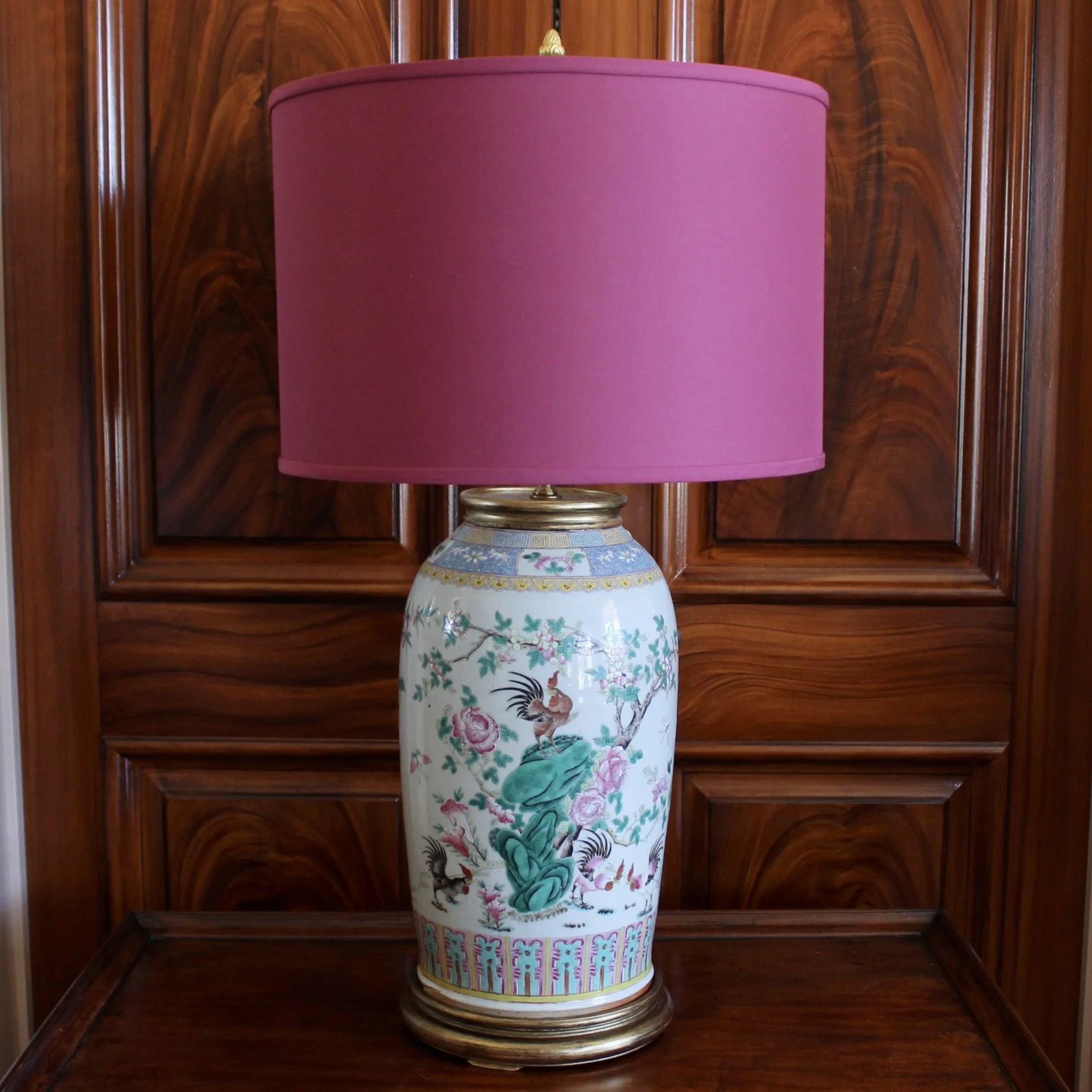 Large Chinese Export Porcelain Famille Verte Lamp with Roosters