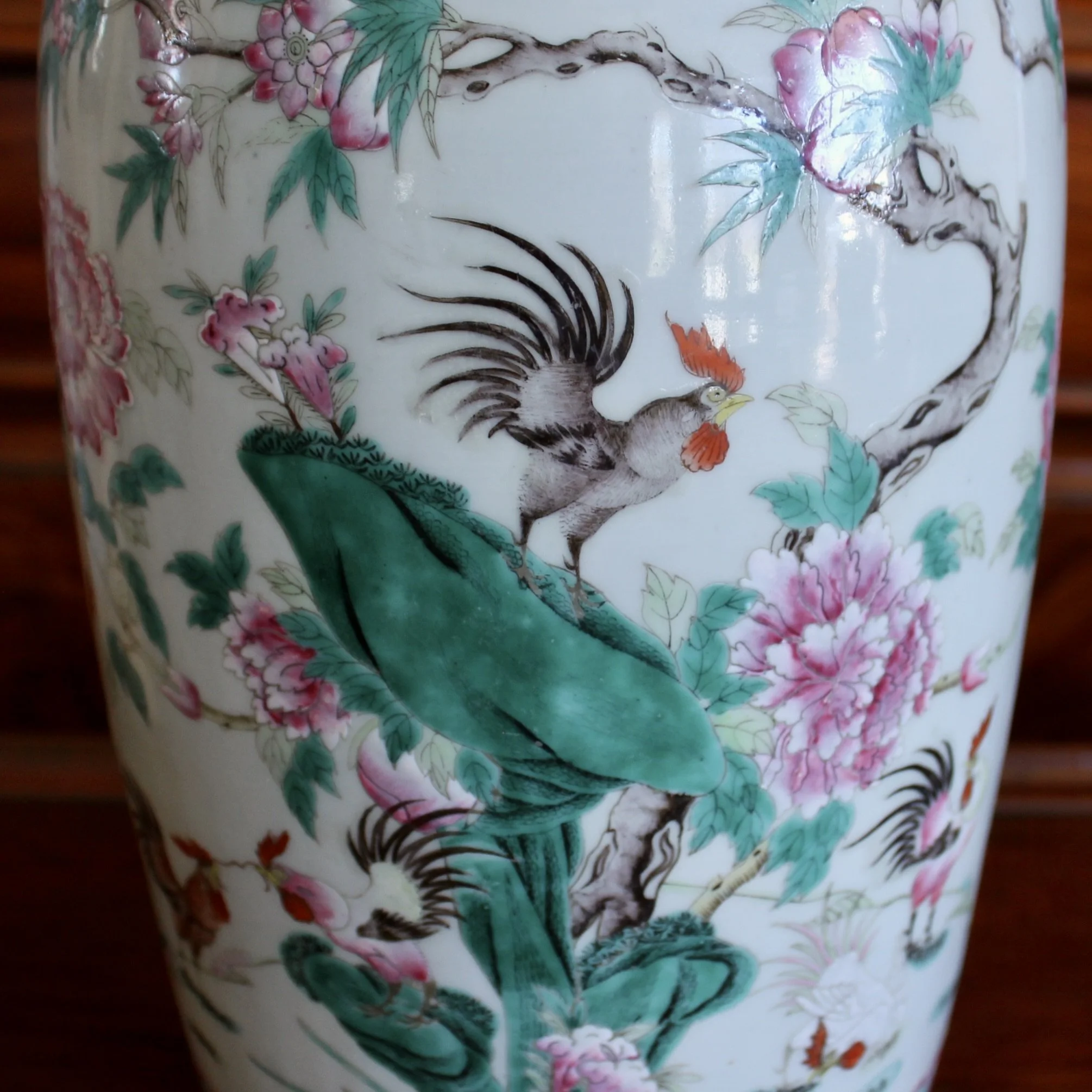 Large Chinese Export Porcelain Famille Verte Lamp with Roosters