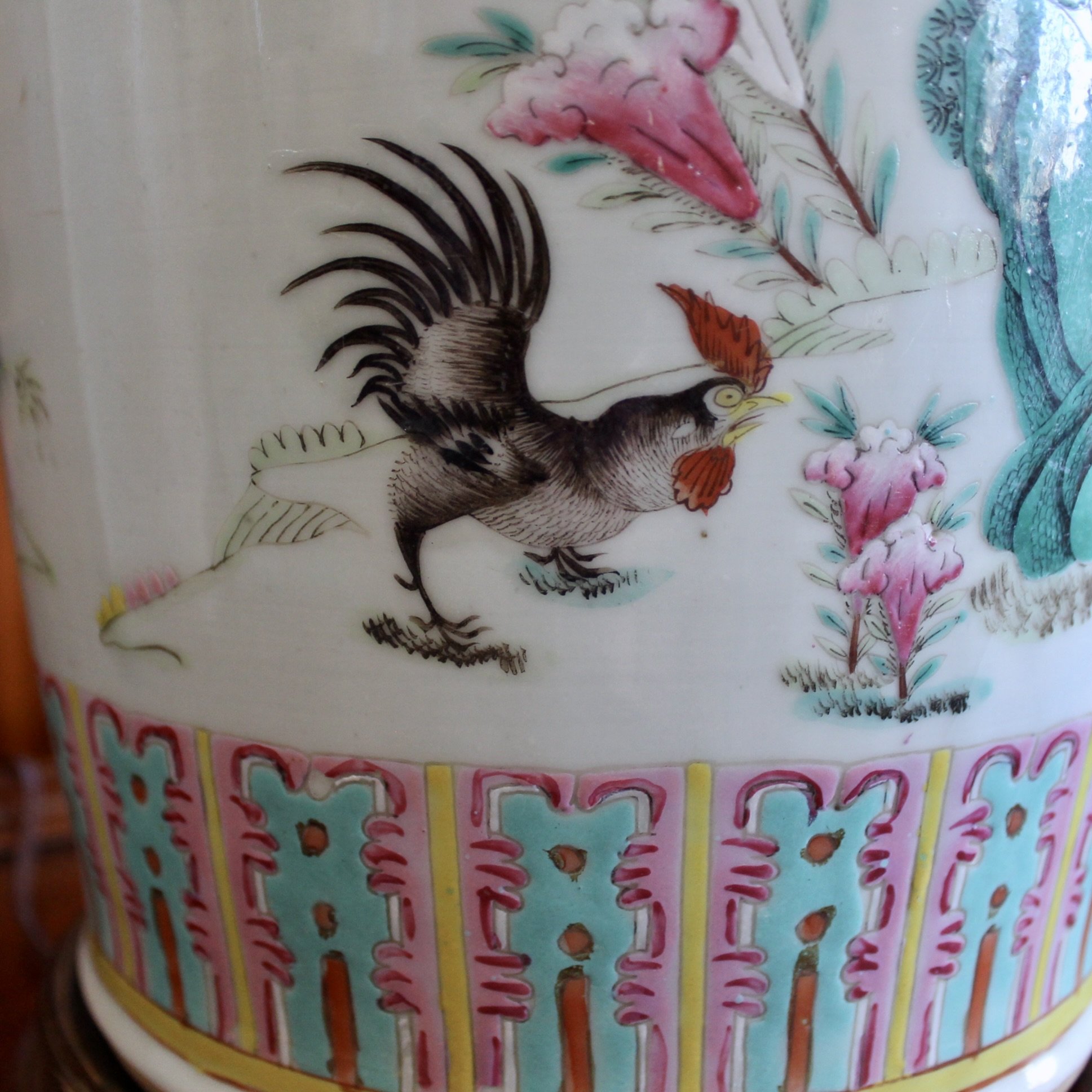 Large Chinese Export Porcelain Famille Verte Lamp with Roosters