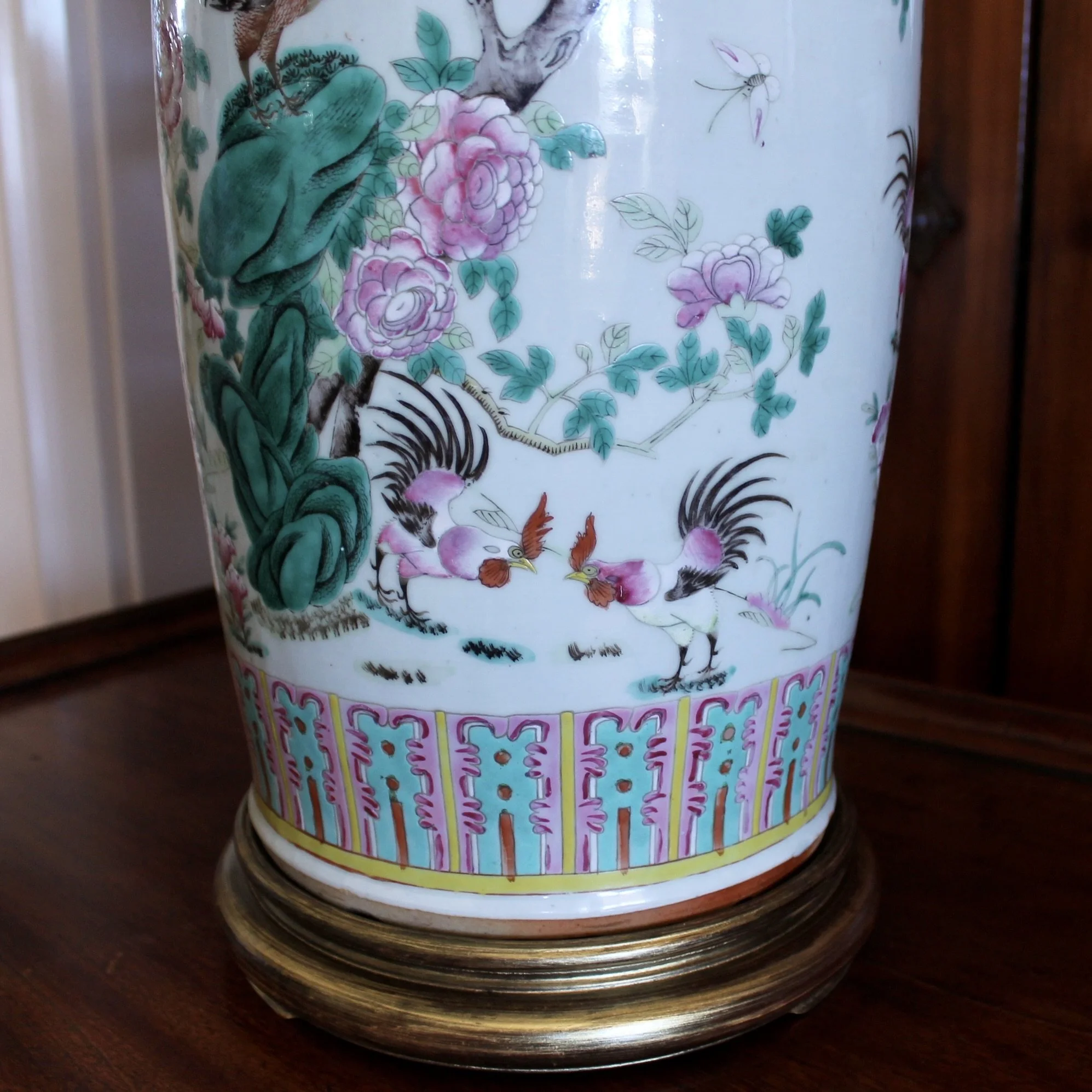 Large Chinese Export Porcelain Famille Verte Lamp with Roosters