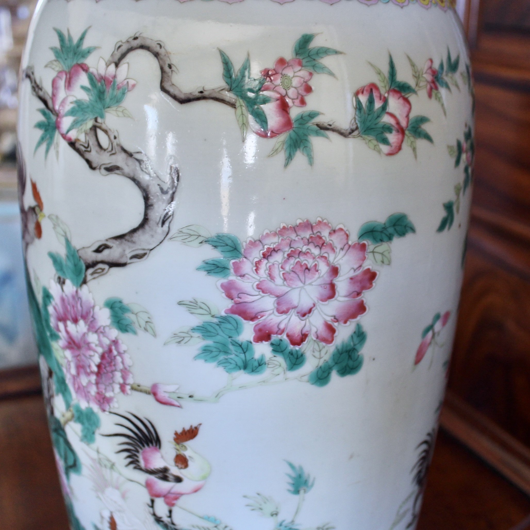 Large Chinese Export Porcelain Famille Verte Lamp with Roosters