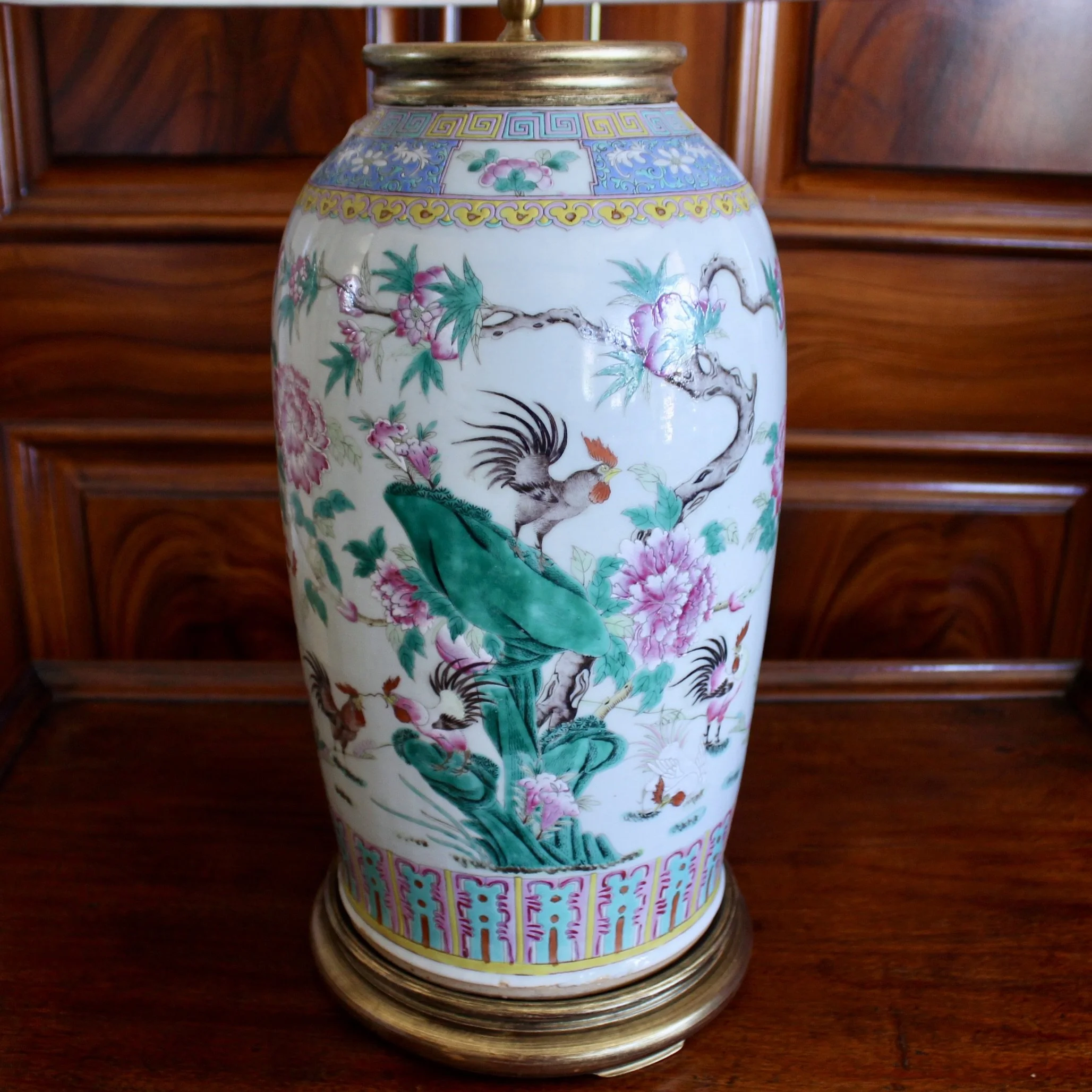 Large Chinese Export Porcelain Famille Verte Lamp with Roosters