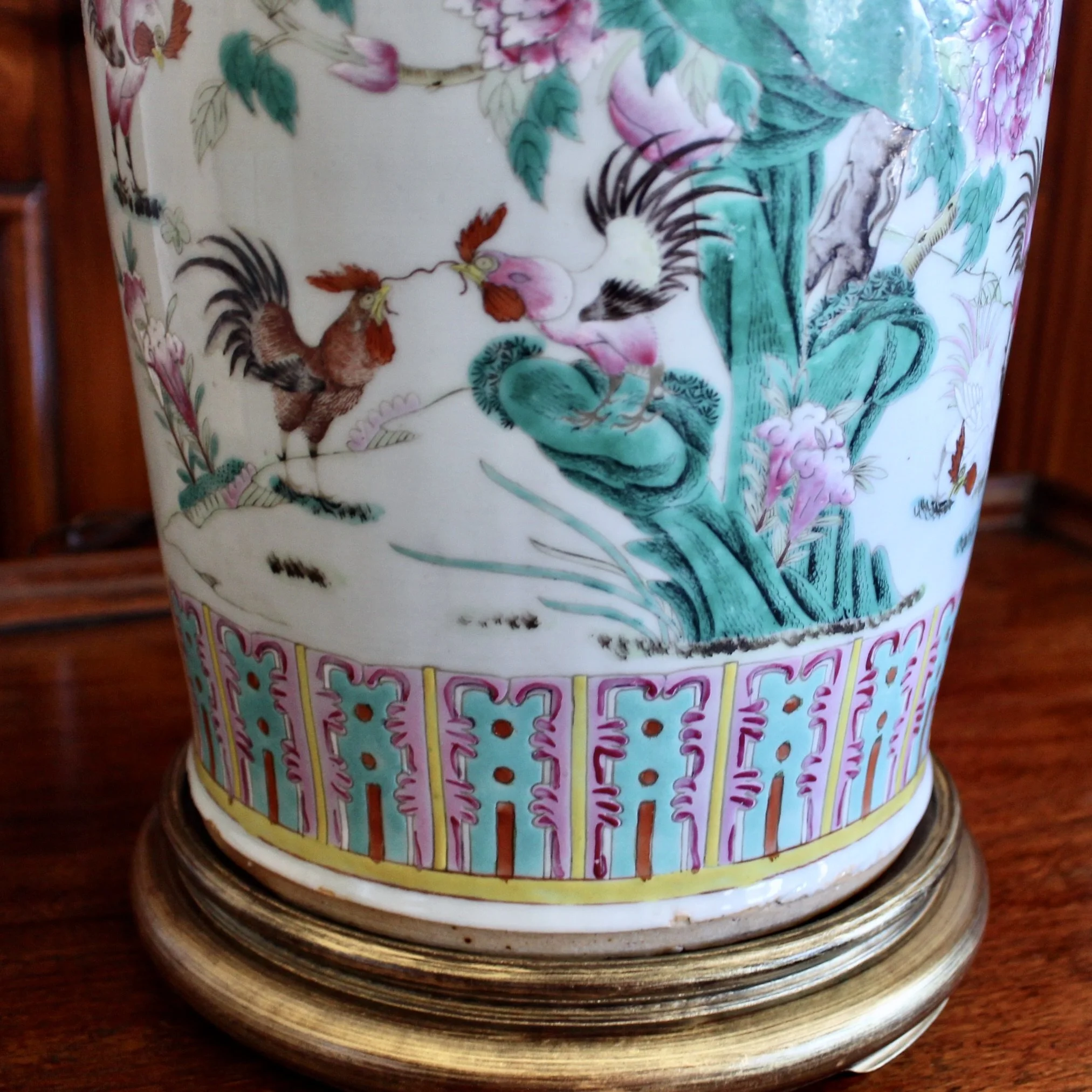 Large Chinese Export Porcelain Famille Verte Lamp with Roosters