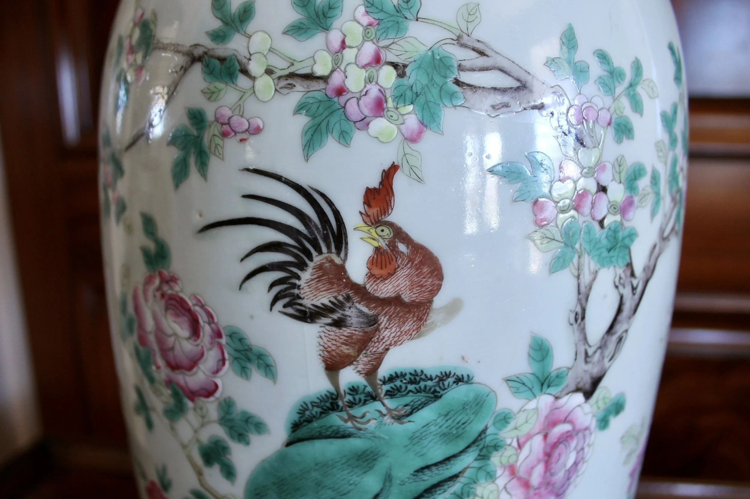Large Chinese Export Porcelain Famille Verte Lamp with Roosters