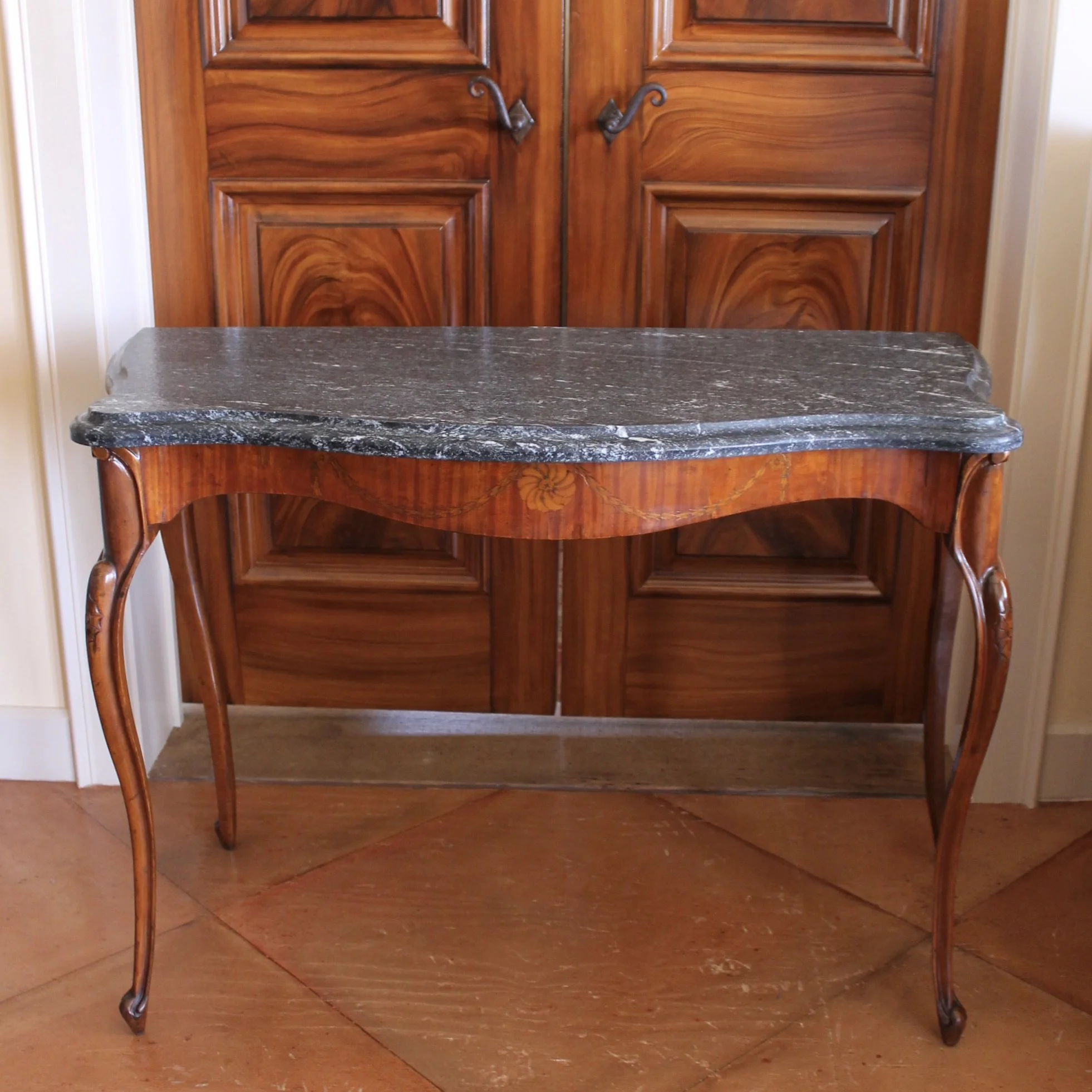 Pair of Edwardian Satinwood Marquetry Console Tables with Marble Tops