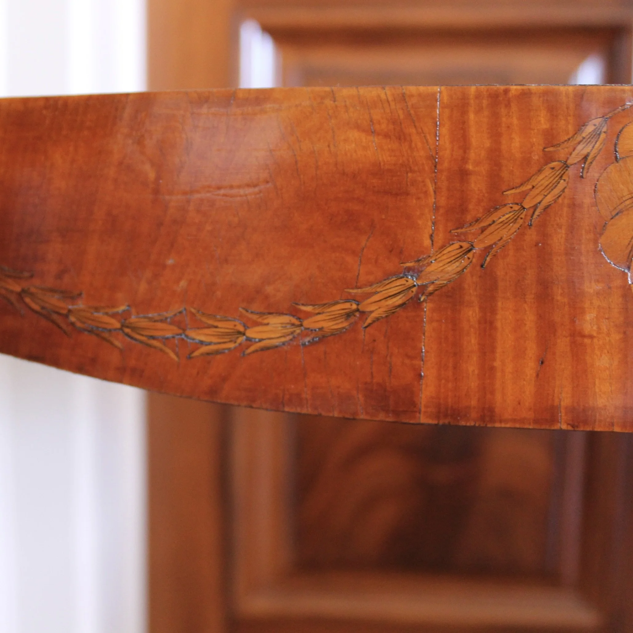 Pair of Edwardian Satinwood Marquetry Console Tables with Marble Tops